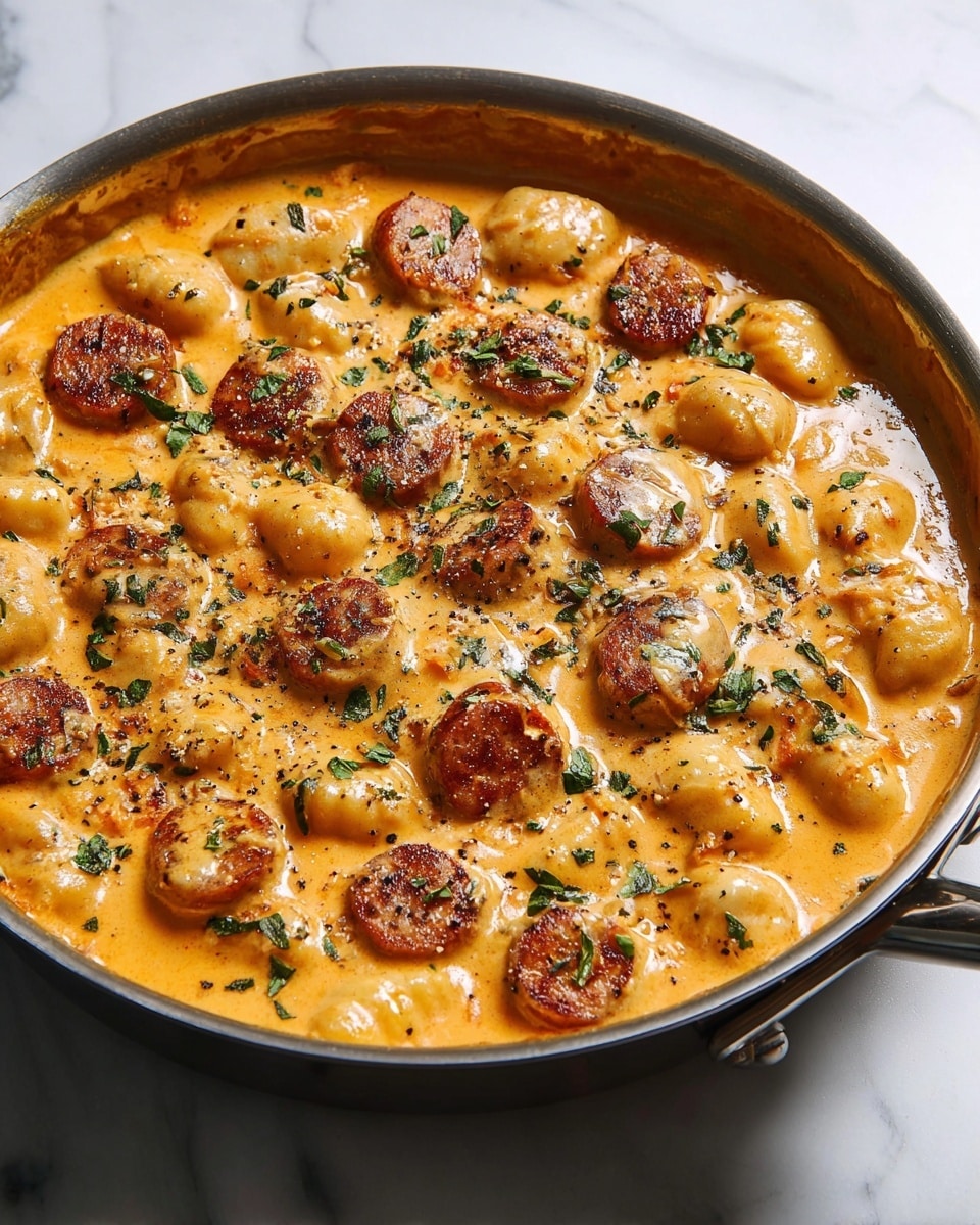 A round silver pan filled with creamy orange sauce covering small pale yellow gnocchi, mixed with browned sausage pieces that have a slightly crispy texture, scattered evenly on top. Fresh green herb leaves are sprinkled across the dish, with some coarse black pepper flakes visible. The pan sits on a white marbled surface with a few green herb sprigs nearby, and a small white bowl containing more herbs is partially shown on the side. The lighting highlights the smooth, rich texture of the sauce and the contrast between the browned sausage and soft gnocchi. photo taken with an iphone --ar 4:5 --v 7
