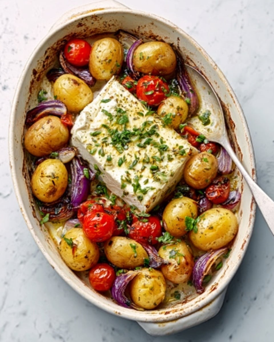 A white oval baking dish contains a baked dish with a soft white cheese block in the center that has a slightly cracked top and is sprinkled with fresh green herbs. Surrounding the cheese are whole golden-brown baby potatoes, halved red cherry tomatoes, and wedges of roasted purple-red onions, all mixed with small green herb leaves. A white spoon is resting inside the dish on the right side. The dish is placed on a white marbled textured surface. Photo taken with an iphone --ar 4:5 --v 7