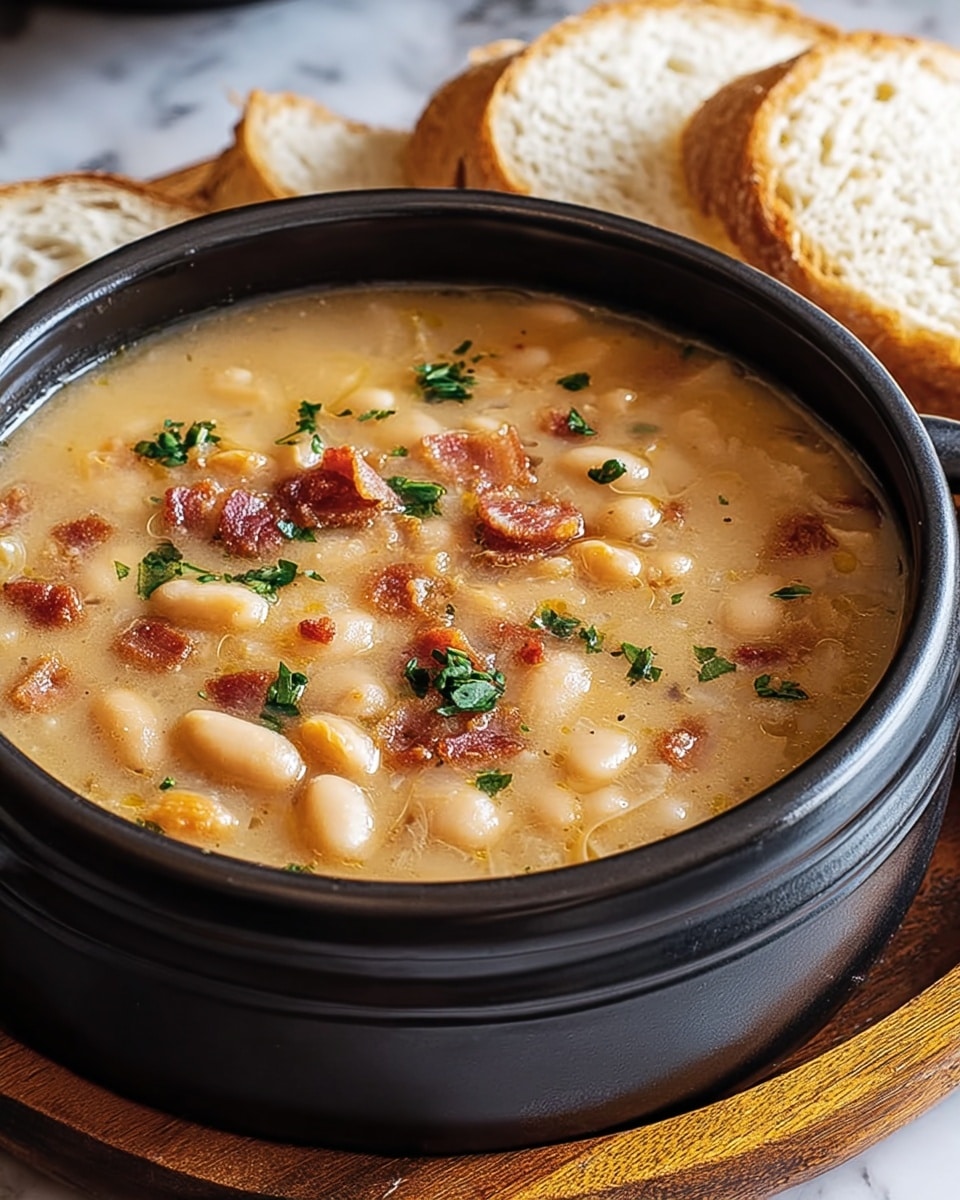 A close-up view of a black bowl filled with thick, creamy baked beans stew that shows multiple light brown beans in a golden yellow sauce, scattered with small pieces of crispy reddish-brown bacon throughout. There are small bits of herbs and black pepper sprinkled on top, with a fresh green thyme sprig placed gently in the center as garnish. In the background, there are slices of white bread slightly out of focus and a couple of uncooked eggs near wooden utensils, all placed on a white marbled surface. Photo taken with an iphone --ar 4:5 --v 7