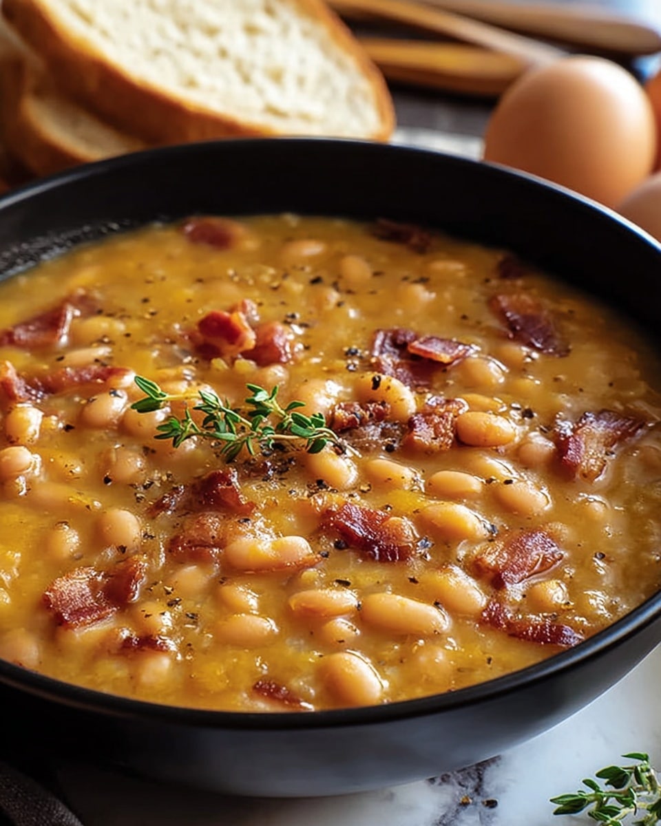 A deep black bowl filled with thick, creamy white bean soup with a slightly yellow tint. The soup has soft white beans with small pieces of crispy brown bacon and bits of green herbs scattered on top. The texture looks smooth with visible chunks of beans and bacon inside. The bowl is on a wooden tray with slices of white bread in the background. The scene is set on a white marbled surface. Photo taken with an iphone --ar 4:5 --v 7