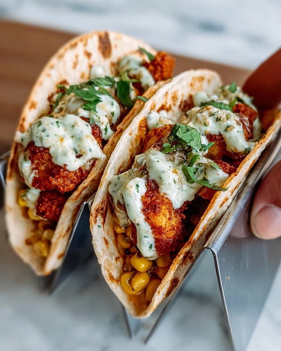 A soft, lightly toasted tortilla folds around a filling of crispy, golden-brown grilled chicken pieces with a slightly charred texture. Scattered throughout are bright yellow corn kernels and small white onion pieces, adding color and freshness. On top, a creamy white sauce with small green herb bits drizzles generously, garnished with chopped green herbs. The taco rests on a wooden board with a rich brown color, and the background shows a blurred bowl of more corn. The scene sits on a white marbled surface. photo taken with an iphone --ar 4:5 --v 7