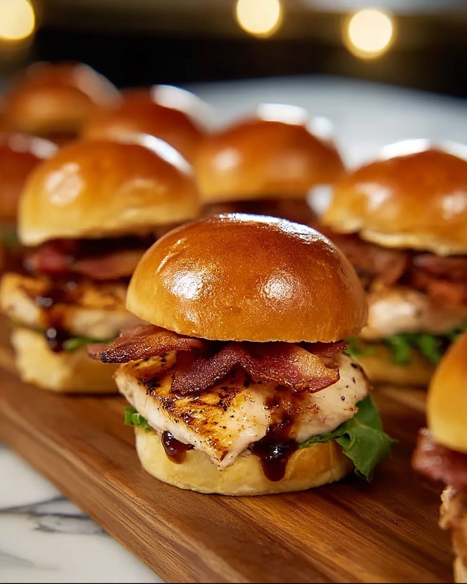 The image shows several mini sandwiches lined up on a wooden board, each sandwich made with a shiny, golden-brown brioche bun. Each sandwich has three main visible layers: a grilled chicken breast with a slightly charred, light golden surface, topped with two crispy strips of bacon with deep reddish-brown and golden tones. Below the chicken, there is a thin layer of green lettuce, and beneath it, the toasted bottom bun is slightly browned with a soft and fluffy texture. A small amount of dark barbecue sauce is seen dripping from the chicken and bacon layers. The background is softly blurred with soft lights, all set on a white marbled texture. photo taken with an iphone --ar 4:5 --v 7