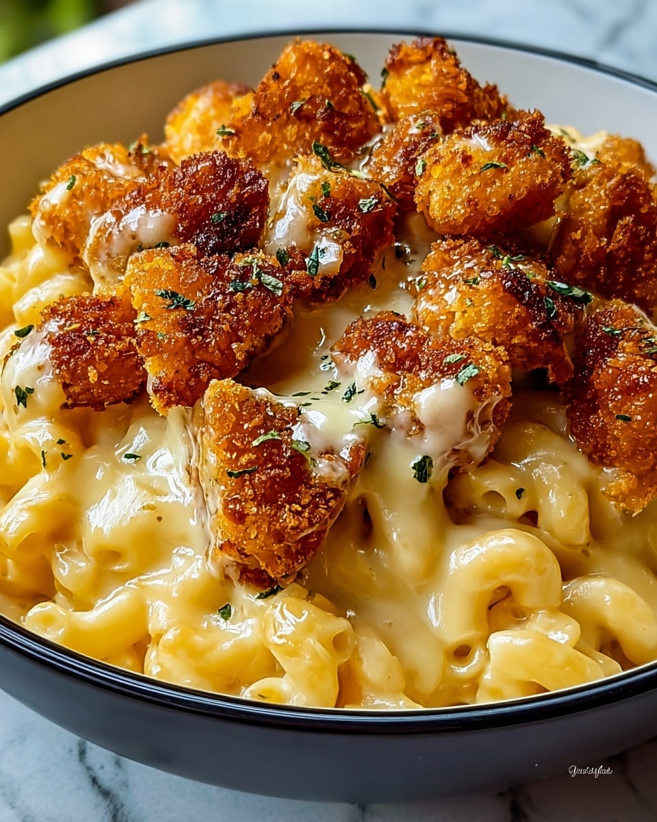 A close-up image of a bowl filled with creamy yellow macaroni and cheese as the bottom layer, topped with a layer of crispy golden-brown fried cauliflower pieces. The fried cauliflower is coated with a creamy, slightly shiny white cheese sauce that drips down onto the pasta below. There are tiny green herb bits sprinkled over the top for garnish. The bowl is white with a dark rim, placed on a white marbled surface. The focus is tight, showing the textures of the crunchy cauliflower and the smooth cheese sauce very clearly. Photo taken with an iphone --ar 4:5 --v 7