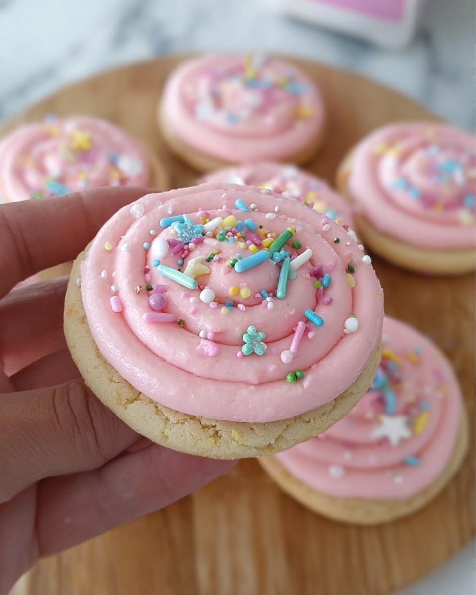 A close-up of a bitten round cookie held by a woman's hand shows a soft, light beige crumb with a thick layer of smooth, pastel pink frosting on top. The frosting is decorated with colorful sprinkles in shapes like thin rods and small circles in green, yellow, blue, and white. In the background, there are more cookies with the same pink frosting and sprinkles, all arranged on a white marbled surface. The cookies are small and evenly coated, with the frosting slightly dripping at the edges. Photo taken with an iphone --ar 4:5 --v 7