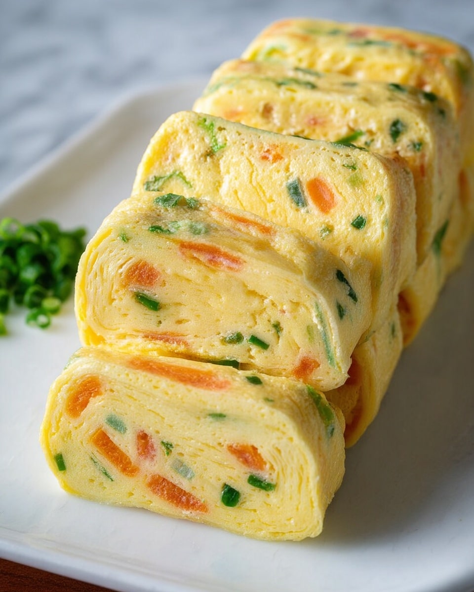 The image shows a close-up of four thick layers of rolled egg omelet stacked neatly on a clean white plate. Each layer is pale yellow with visible pieces of finely chopped green herbs and small orange carrot bits mixed evenly throughout, giving a colorful spotted effect inside the soft, folded texture of the eggs. The omelet looks fluffy and moist, with a slightly browned exterior on some edges. The background is a white marbled texture, and the image captures the fresh and smooth surface of the dish in natural light. photo taken with an iphone --ar 4:5 --v 7