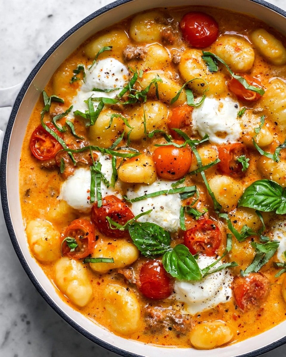 A close-up view of a white pot filled with soft gnocchi in a rich, creamy, orange-colored sauce. Scattered throughout are bright red and orange cherry tomatoes and small pieces of sausage. Several dollops of white cheese sit on top, melting slightly into the sauce. The dish is garnished with fresh green basil leaves and thinly sliced basil strips, along with a light sprinkle of black pepper. The pot is placed on a white marbled surface. photo taken with an iphone --ar 4:5 --v 7