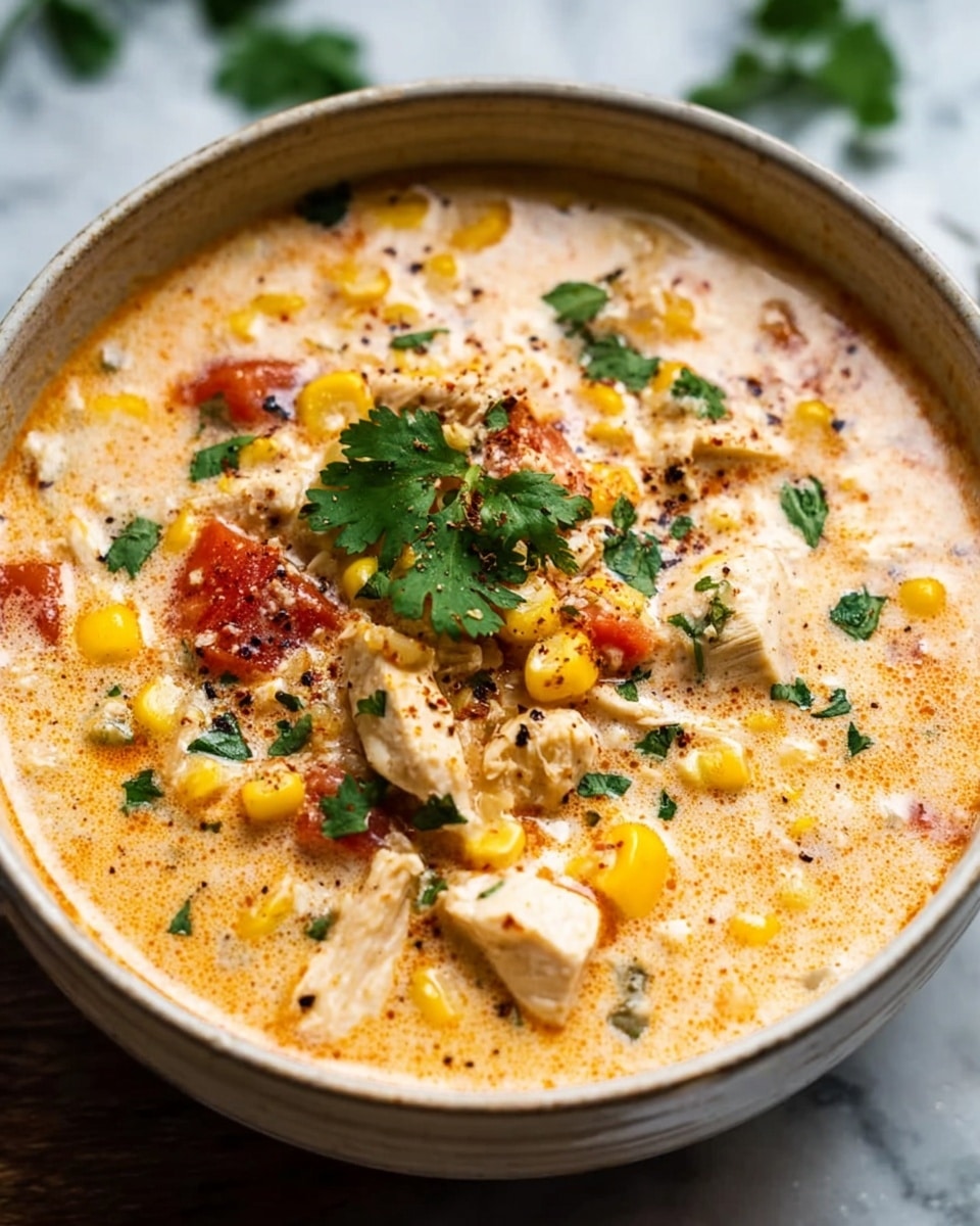 A white bowl filled with creamy soup that has a light orange color with chunks of white chicken pieces and yellow corn kernels visible throughout. The soup has a smooth texture mixed with small bits of red tomato and green herbs sprinkled on top along with a few whole cilantro leaves. There is a light dusting of black pepper and some reddish spice on the surface, adding color contrast. The bowl is placed on a white marbled texture. photo taken with an iphone --ar 4:5 --v 7