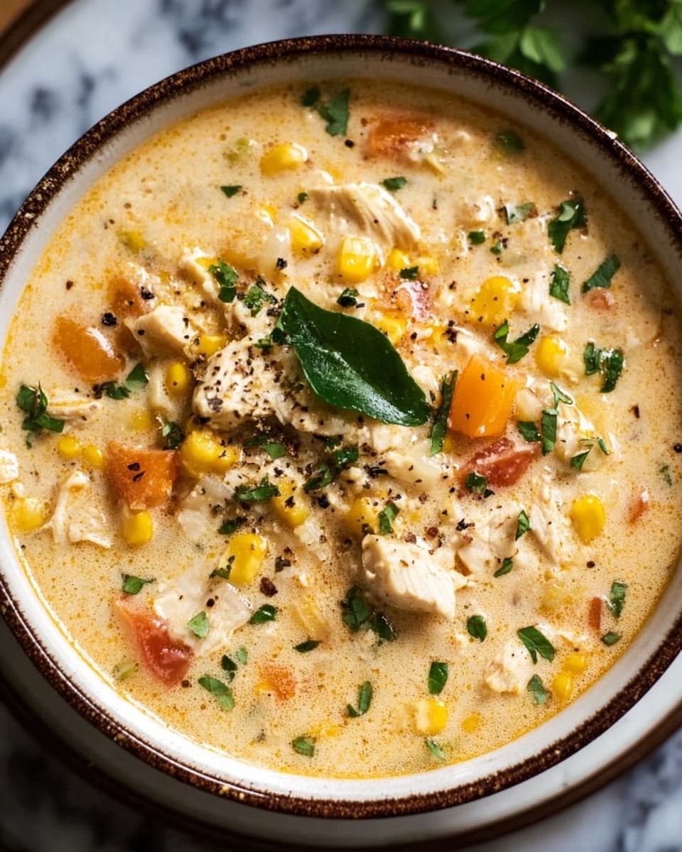 The image shows a bowl of creamy chicken soup with visible chunks of white chicken meat in the middle layer, surrounded by yellow corn kernels and small orange tomato pieces in a thick beige broth. The soup is topped with finely chopped green herbs and a single larger green leaf as garnish, with a sprinkle of black pepper adding texture and contrast. The bowl is white ceramic with a rustic dark brown rim, placed on a white marbled surface. photo taken with an iphone --ar 4:5 --v 7