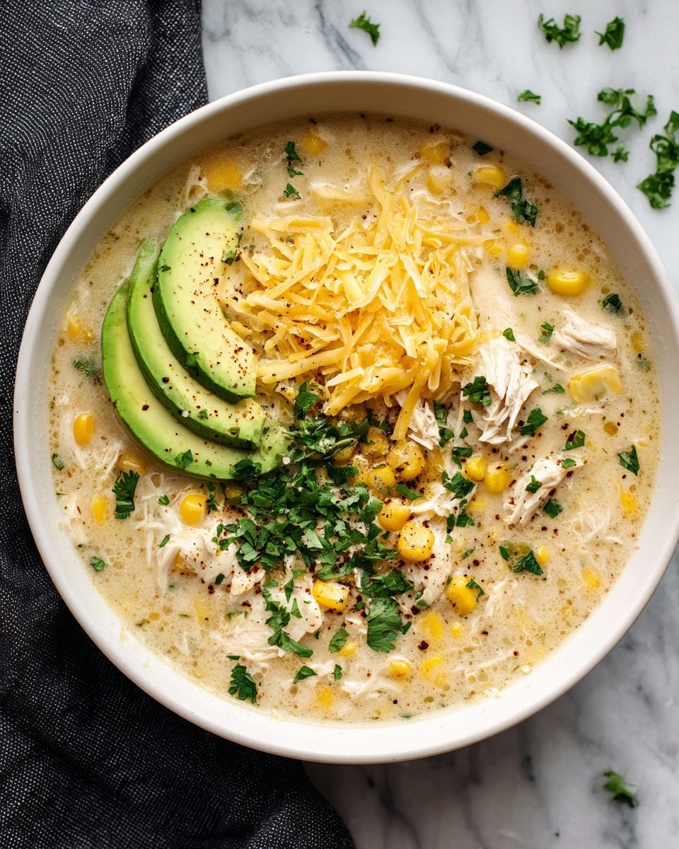 A white bowl filled with creamy chicken soup showing layers of tender white chicken pieces and yellow corn kernels in a light beige broth, topped with pale yellow shredded cheese and bright green chopped cilantro. On one side of the cheese lay two slices of fresh avocado, light green with smooth texture. The soup surface has a sprinkle of black pepper and finely chopped cilantro spread evenly, creating a fresh contrast. The bowl sits on a white marbled surface with a dark cloth partially visible under it. Photo taken with an iphone --ar 4:5 --v 7