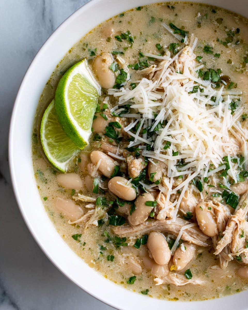 The image shows a close-up of a creamy soup served in a white bowl on a white marbled surface. The soup has a light beige color broth with shredded chicken, whole white beans, and finely chopped green herbs scattered throughout. On top, there is a generous pile of thinly shredded white cheese and more chopped green herbs sprinkled over it. In one corner, there are two thin slices of fresh lime adding a bright green contrast. The textures of the chicken and beans are soft, while the cheese looks fresh and firm. Photo taken with an iphone --ar 4:5 --v 7