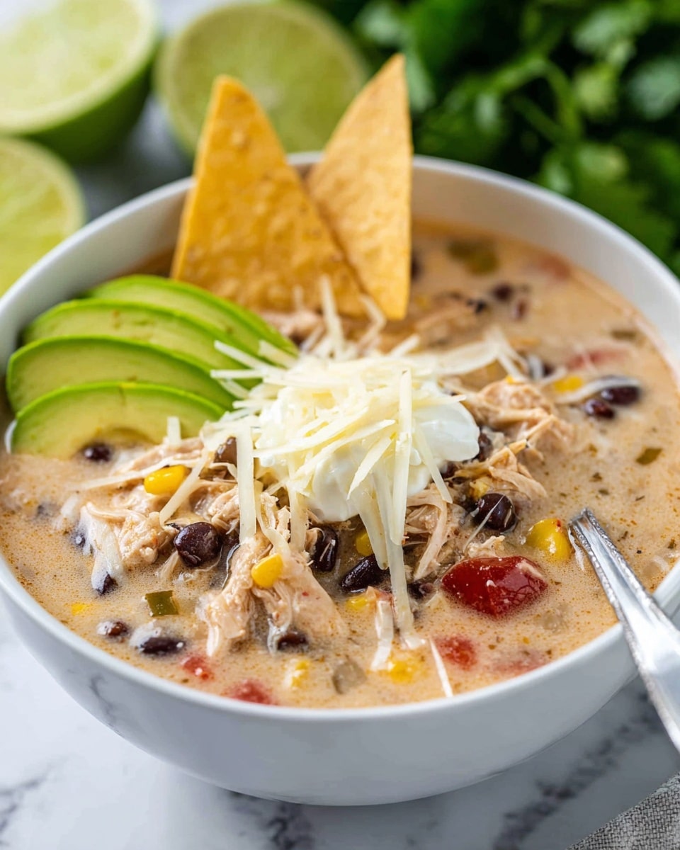 A white bowl filled with a creamy soup showing three layers of ingredients: a base of light beige creamy broth mixed with small chunks of shredded chicken, black beans, corn kernels, and red tomato pieces, topped with a layer of shredded white cheese that is slightly melted. Two large triangular beige tortilla chips are placed vertically in the soup near the back edge of the bowl. On the left side, there are thin slices of bright green avocado resting on the soup surface beside a dollop of white sour cream. A metal spoon is partially submerged on the right side, and the bowl sits on a white marbled surface, with a blurred green leafy background and lime halves behind it. photo taken with an iphone --ar 4:5 --v 7