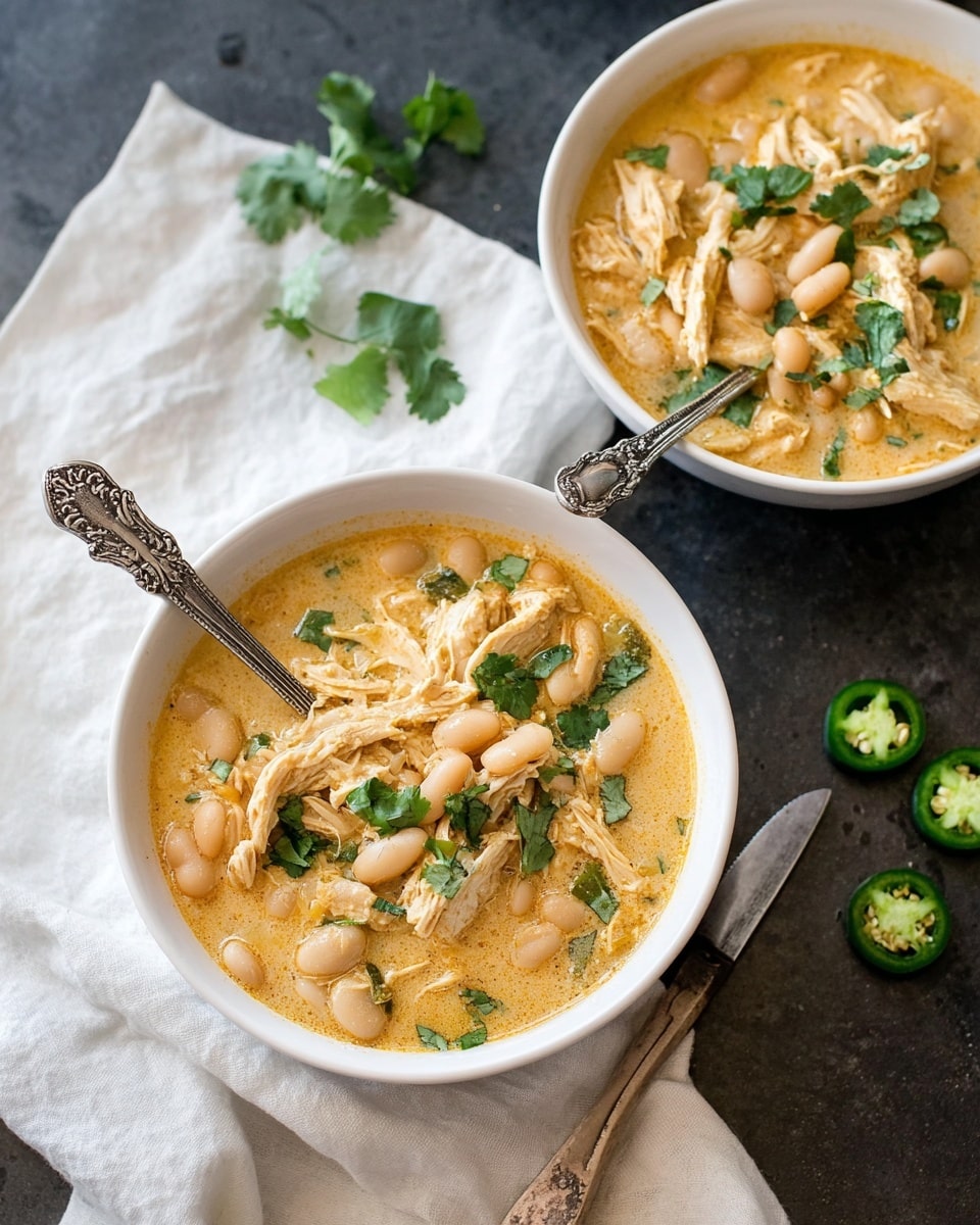 The image shows two white bowls filled with a creamy chicken and bean stew. Each bowl has tender shredded chicken pieces mixed with plump white beans in a light orange creamy broth. Small green cilantro leaves are scattered on top along with a few visible slices of green chili. A silver spoon with a decorative handle is placed inside each bowl. The bowls are set on a dark surface with some sliced green chili and a rustic knife lying nearby. A soft white cloth napkin is placed beside the front bowl. The background is a white marbled texture. photo taken with an iphone --ar 4:5 --v 7