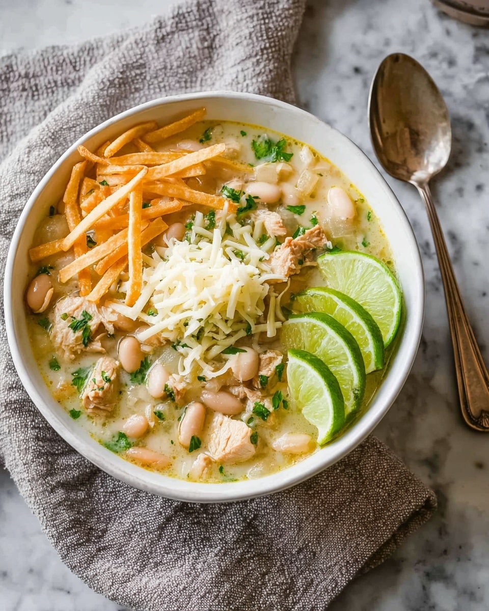 A bowl filled with creamy chicken soup layered with chunky pieces of light brown chicken, white beans, and green herbs scattered throughout, topped with a small mound of shredded white cheese at the center, alongside a pile of thin, crispy light golden strips on one side, garnished with three bright green lime slices placed on the edge of the bowl; the bowl is white and sits on a white marbled surface, with a silver spoon nearby and a textured light gray cloth underneath. photo taken with an iphone --ar 4:5 --v 7