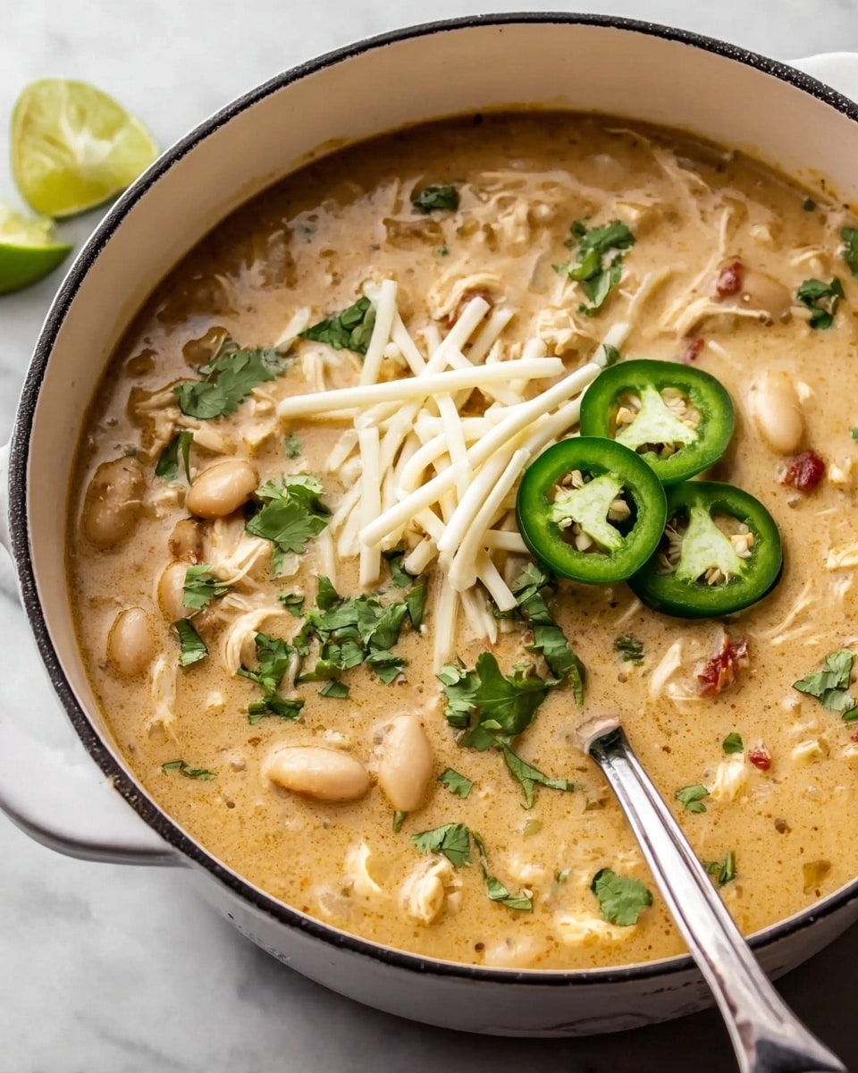 A creamy, light tan soup with a thick texture fills a white pot with a dark rim; visible in the soup are white beans, small chunks of chicken, and some red bits. On top, a small pile of thin white cheese sticks is centered and garnished with fresh green cilantro leaves and three round slices of bright green jalapeño peppers. A lime wedge rests on the soup’s surface near the edge of the pot, and a silver spoon is placed inside on the right side. The pot sits on a white marbled surface photo taken with an iphone --ar 4:5 --v 7