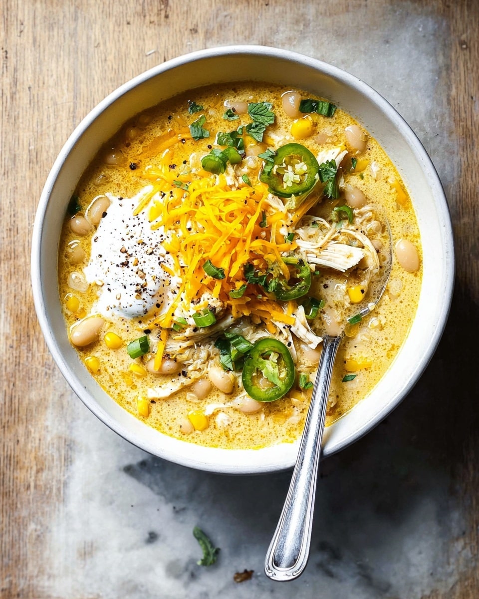 A white bowl filled with creamy yellow soup, showing three main layers: a base of soft shredded chicken and white beans mixed with corn kernels and round jalapeño slices, a middle layer with shredded bright orange cheddar cheese and a dollop of sour cream sprinkled with black pepper, and a top layer of chopped green onions and fresh herbs. A silver spoon rests inside the bowl on the right side, and the bowl is placed on a white marbled texture background. photo taken with an iphone --ar 4:5 --v 7
