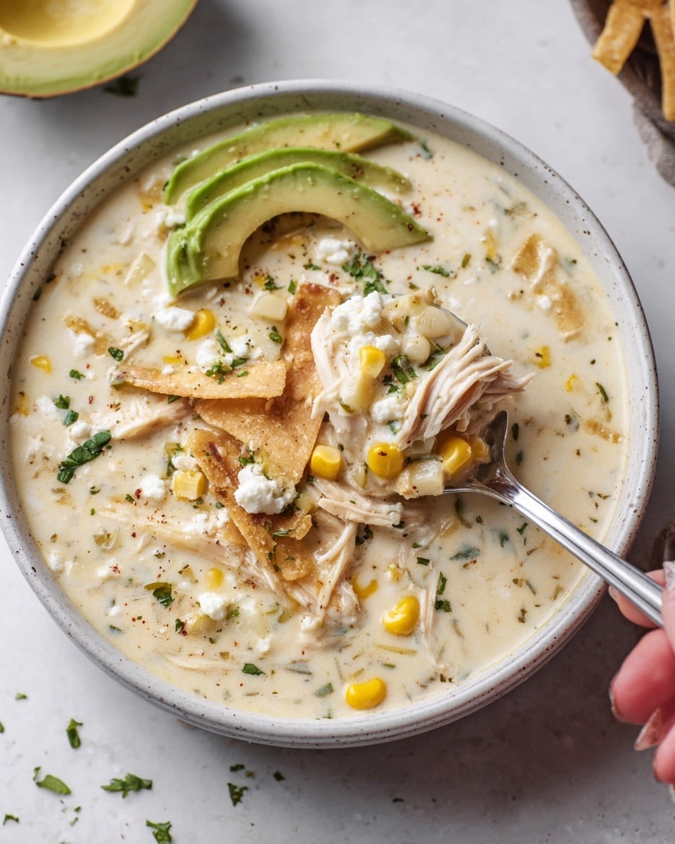 A bowl filled with creamy white soup that has a thick texture, showing visible pieces of yellow corn and shredded chicken throughout. On top, there are scattered crumbled white cheese, small green herb pieces, and broken light brown tortilla strips. To the side, there is a fan of bright green avocado slices partially submerged in the soup. A woman's hand is holding a silver spoon lifting a scoop of the soup showing the hearty mix inside. The bowl is white with a light grey speckled pattern, resting on a white marbled surface with some small bits of herbs scattered around. photo taken with an iphone --ar 4:5 --v 7