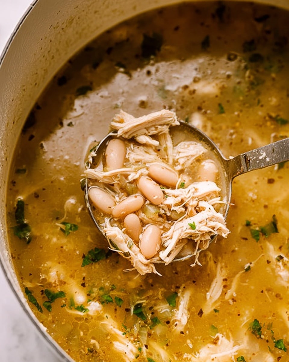 A close-up image of a pot filled with chicken soup, showing shredded white chicken pieces and white beans floating in a clear golden broth. The soup is garnished with small bits of green herbs scattered across the surface. A metal ladle is partially submerged in the soup, lifting a scooping portion that reveals the texture of the shredded chicken and beans. The broth appears slightly oily with herbs and spices sprinkled throughout, all set against a white marbled background. photo taken with an iphone --ar 4:5 --v 7