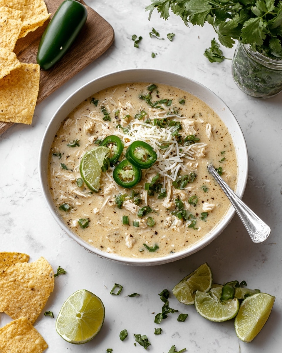 The image shows a white bowl filled with a hearty stew that has three main visible layers. The bottom layer is a rich, golden-yellow broth with an oily surface. The middle layer contains shredded light brown chicken mixed with white beans and small bits of green herbs. On top, there are three bright green slices of jalapeño peppers and some fresh green cilantro leaves scattered around. A black spoon rests inside the bowl on the right side. The bowl is placed on a white marbled surface with some lime wedges on a small white plate, broken tortilla chips, fresh cilantro sprigs, and chopped jalapeño peppers around it. Photo taken with an iphone --ar 4:5 --v 7