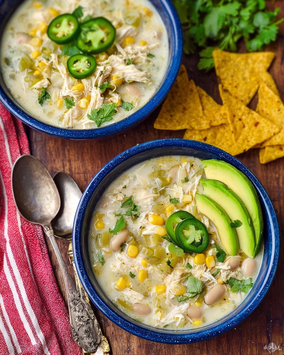 The image shows two blue bowls filled with creamy chicken soup, placed on a wooden surface with a white marbled texture underneath. Each bowl contains a soup with visible layers of shredded white chicken, yellow corn kernels, small white beans, and light green chunks of vegetables mixed in a white creamy broth. On top, there are garnishes of fresh green cilantro leaves and two bright green jalapeño slices on the right side. On the left inside edge of the front bowl, there are three smooth, light green avocado slices laid neatly. Next to the bowls, there are a couple of yellow tortilla chips and some extra slices of jalapeño, along with two silver spoons featuring floral engravings on their handles. A red and white striped cloth is partially visible to the left, adding a touch of color to the scene. photo taken with an iphone --ar 4:5 --v 7