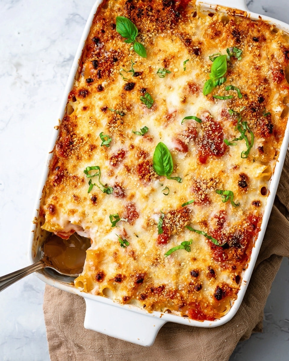 A white rectangular baking dish filled with three layers of baked pasta, each layer showing pale golden pasta tubes covered in a thick, creamy melted cheese sauce with scattered bright red tomato sauce patches. The top layer is sprinkled with golden brown toasted breadcrumbs and finished with small green fresh basil leaves spread evenly on top. A silver serving spoon is lifting a piece from the corner, revealing the soft, cheesy layers underneath. The baking dish is set on a white marbled surface with a light brown cloth in the background. Photo taken with an iphone --ar 4:5 --v 7