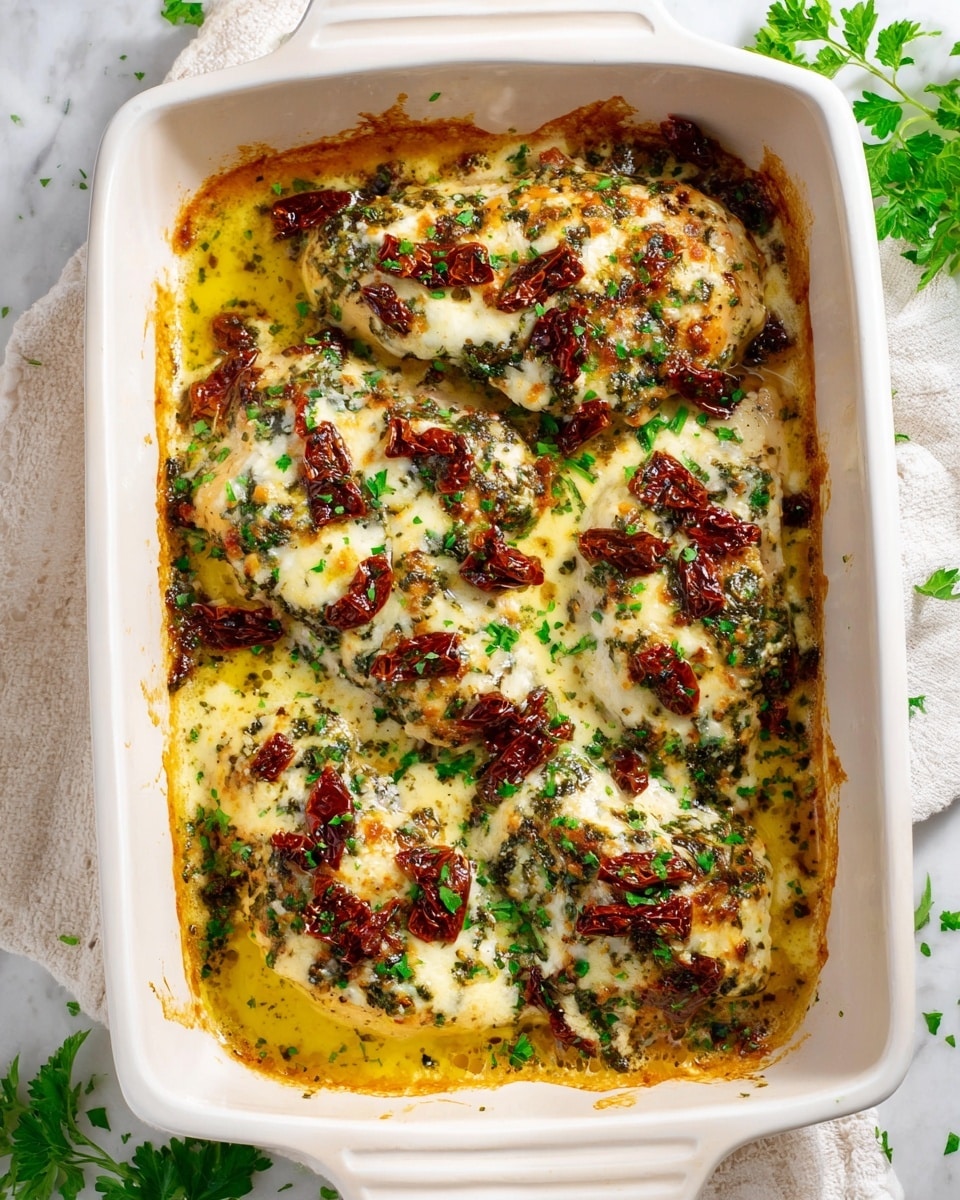 The image shows a white rectangular baking dish filled with several pieces of baked chicken, covered in melted white cheese with green herbs mixed in, and scattered dark red sun-dried tomatoes on top. The chicken is surrounded by a golden oil and juice mixture that pools around the edges. The cheese has a slightly browned, bubbly texture in some areas, and the dish is garnished with finely chopped vibrant green parsley sprinkled over the top. The scene is set on a white marbled surface with some parsley leaves scattered around for decoration. Photo taken with an iphone --ar 4:5 --v 7