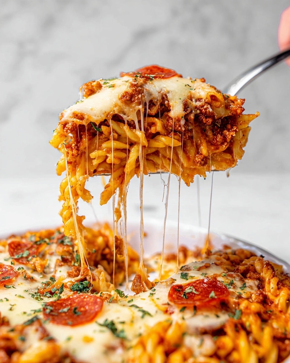 A close-up of a slice being lifted from a white pizza pan showing three layers: the bottom layer is golden baked pasta with a slightly crispy texture, the middle layer is a rich red sauce with ground meat and small pasta tubes, and the top layer is melted white cheese with small red pepperoni slices and green herb sprinkles scattered over. The cheese stretches in strings from the pizza to the slice on the metal spatula, which is held by a woman's hand, all set on a white marbled surface. Photo taken with an iphone --ar 4:5 --v 7