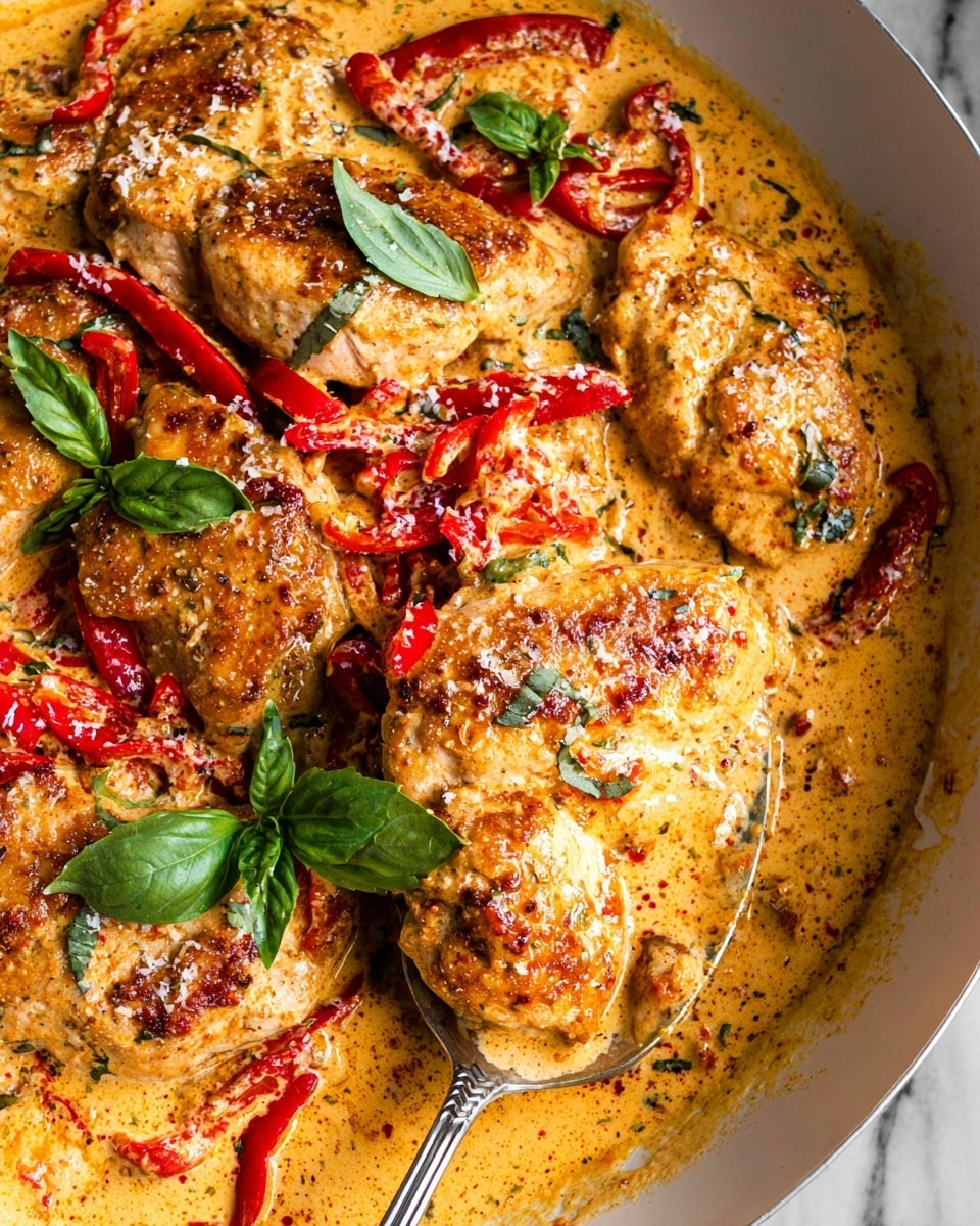 A close-up view of a creamy dish in a white pan, showing several thick, golden-brown chicken pieces layered on top of each other, coated with a rich orange-yellow sauce mixed with herbs and spices; bright red pepper strips are spread throughout the dish below and around the chicken, adding vibrant color, while small green basil leaves are placed on top as garnish, and the sauce has a slightly textured, creamy appearance with some sprinkled white cheese or seasoning on the surface, a silver spoon lifting a portion from the pan, all set against a white marbled background, photo taken with an iphone --ar 4:5 --v 7