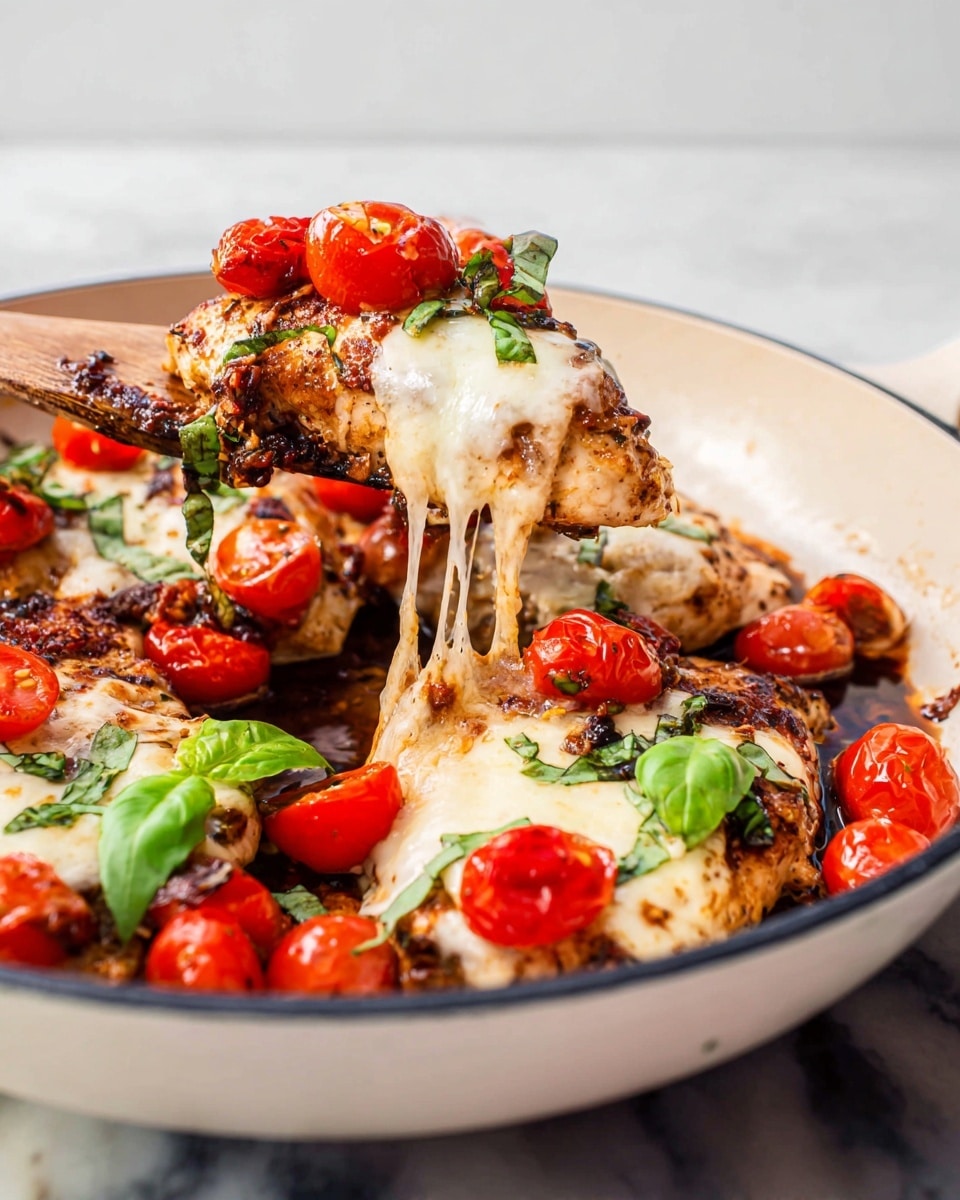 A close-up shows a white skillet filled with cooked chicken breasts topped with melted white cheese and bright red cherry tomatoes cut in halves, scattered over the chicken. The chicken has a slightly browned and grilled texture underneath the cheese. A woman's hand is lifting a piece of chicken with a cheese stretch pulling away from the skillet, garnished with fresh green basil leaves. The skillet sits on a white marbled surface with a clean, soft background. photo taken with an iphone --ar 4:5 --v 7
