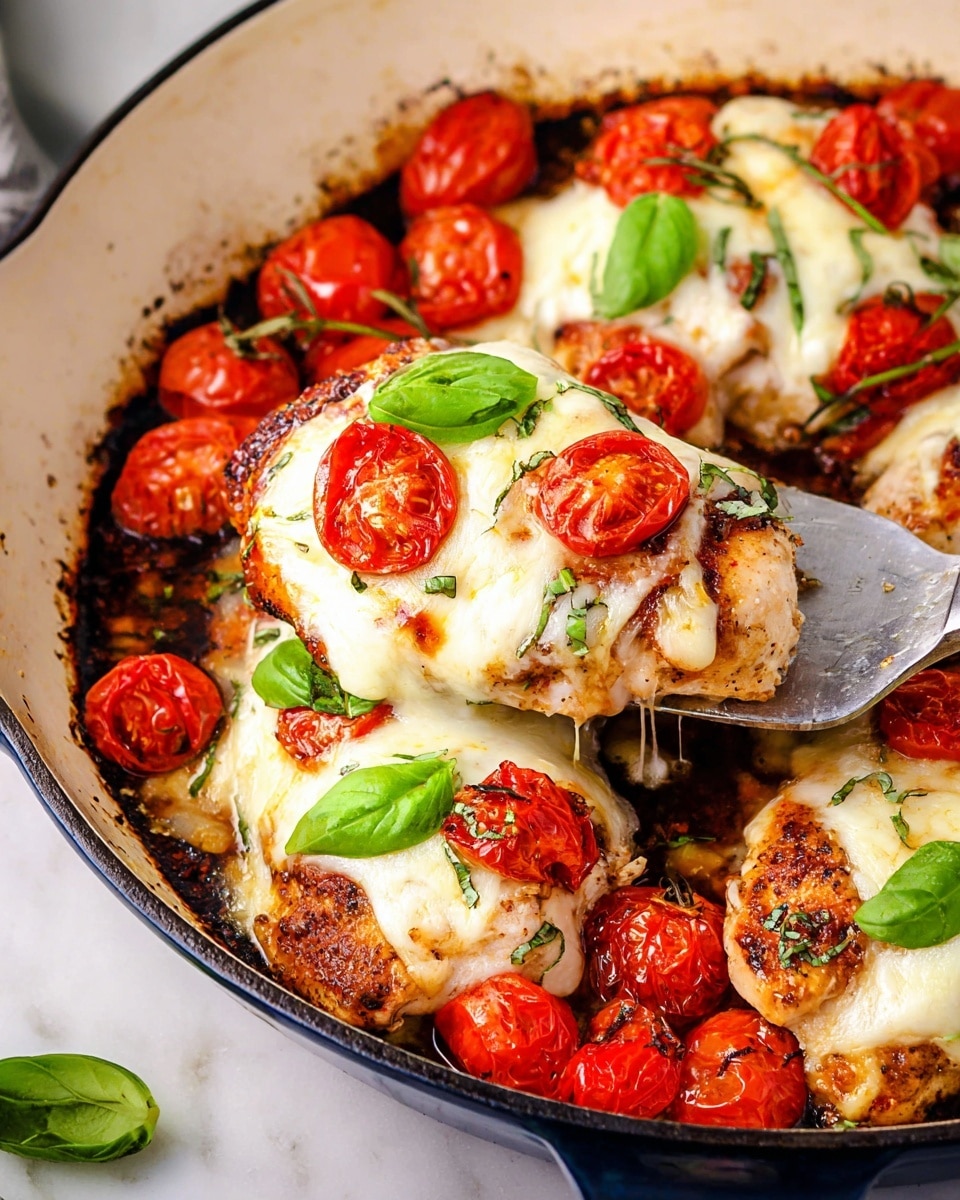 The image shows a white cast iron skillet filled with cooked chicken breasts layered with melted white cheese on top, bright red roasted cherry tomato halves scattered around and on the chicken, and fresh green basil leaves placed on top for garnish; the chicken has a browned, slightly crispy texture and the tomatoes look juicy and soft, while the melted cheese forms smooth, creamy patches over the chicken; a metal spatula is lifting one piece of the chicken, showing the layers clearly against the white marbled background. photo taken with an iphone --ar 4:5 --v 7