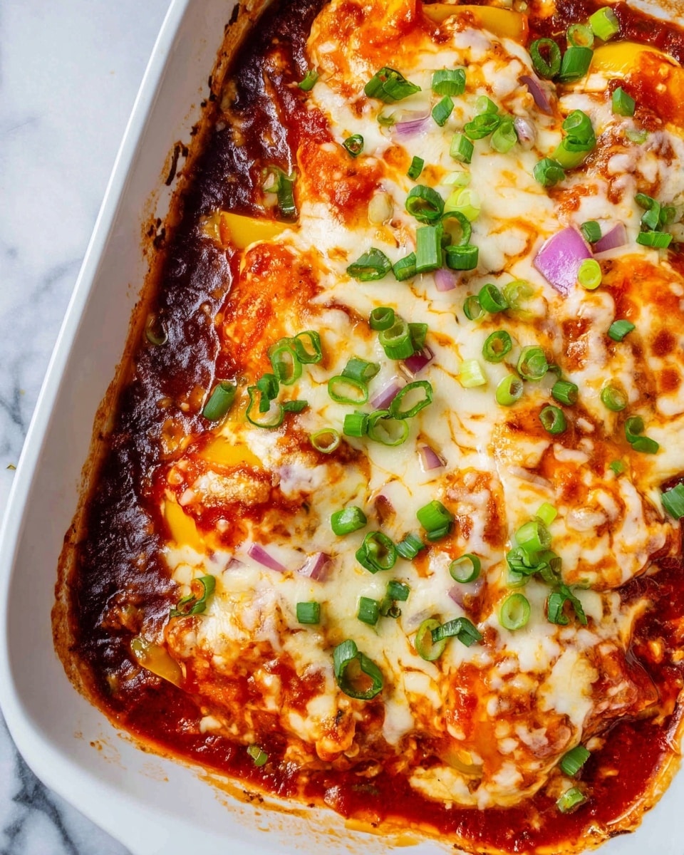 The dish shows a white casserole filled with a rich layer of bright red tomato sauce at the bottom, topped with a generous layer of melted white cheese covering chunks of yellow bell peppers and thin slices of purple onion scattered across. Small pieces of fresh green onions are sprinkled on top, adding a fresh contrast in color and texture to the smooth, gooey cheese and chunky, colorful vegetables. The edges of the casserole show some sauce baked onto the sides, enhancing the baked appearance. The dish sits on a white marbled surface. Photo taken with an iphone --ar 4:5 --v 7