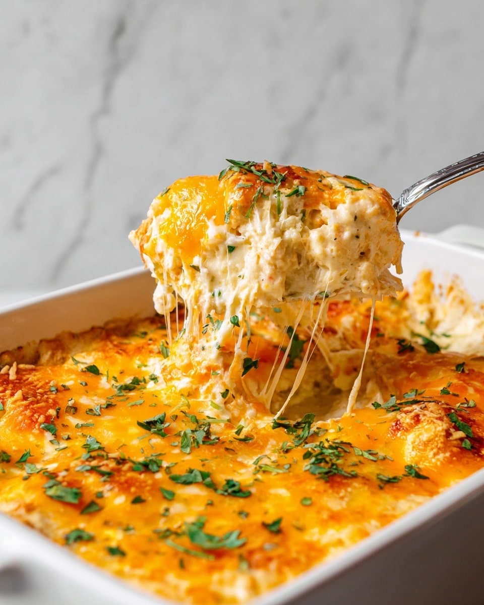 The dish is a creamy casserole served in a white rectangular baking dish. It has a top layer of melted golden-yellow and light orange cheese, with strands of stretchy cheese being lifted by a silver spoon. There are garnishes of finely chopped green herbs scattered on top. Under the cheese, the texture appears creamy and soft, with a hint of light beige filling beneath. The background is a white marbled surface. photo taken with an iphone --ar 4:5 --v 7