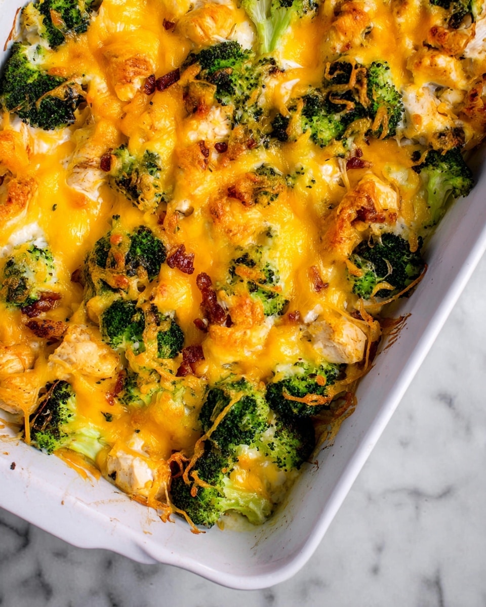 A white baking dish filled with a broccoli and cheese casserole showing three main layers: a bottom layer of bright green broccoli florets, a middle layer of tender white chicken chunks mixed with crispy browned pieces, and a top layer covered with melted, golden-yellow cheddar cheese that is bubbling and slightly browned in spots. The cheese stretches and clings to the broccoli underneath, blending all the ingredients together. The dish is placed on a white marbled surface. photo taken with an iphone --ar 4:5 --v 7