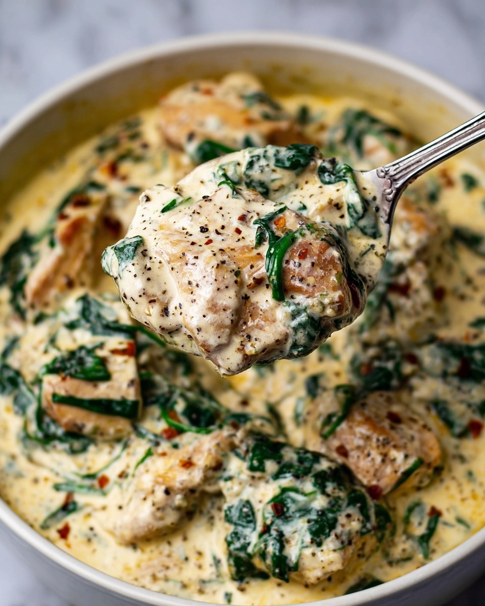 The image shows a creamy dish with three main layers: the base layer is a thick white cream sauce dotted with herbs and spices, the middle layer features pieces of cooked chicken in a light golden brown color, and the top layer has bright green spinach leaves mixed throughout. The chicken pieces are soft and tender, partially coated with the cream sauce that has a slightly speckled texture from the seasoning. The dish is served in a deep white bowl set on a white marbled surface. In the foreground, a spoon holds a scoop of the dish, clearly showing all layers combined. Photo taken with an iphone --ar 4:5 --v 7