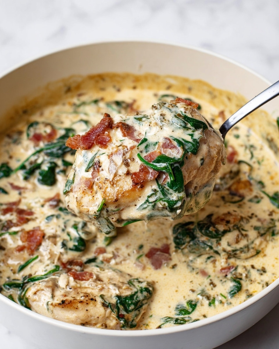 A large white bowl holds creamy chicken cooked in a thick, light beige sauce with visible green spinach leaves and small pieces of browned bacon mixed throughout. A silver spoon lifts a piece of chicken covered in the sauce, showing the chicken’s light golden-brown seared surface under the creamy layer. The spinach and bacon add pops of green and reddish-brown colors on the sauce's smooth, rich texture. The background is a white marbled texture, creating a clean, bright look. Photo taken with an iphone --ar 4:5 --v 7