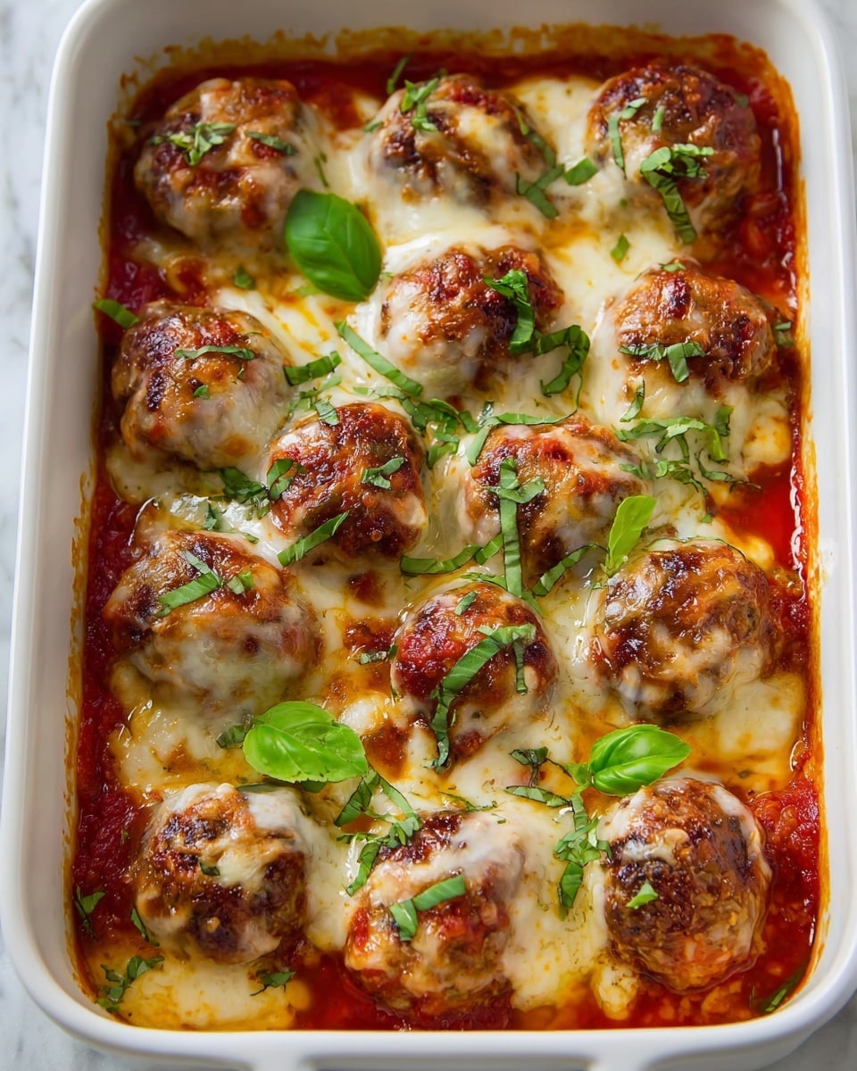 The dish shows a white bowl filled with several round meatballs covered in a layer of melted, browned cheese that is golden and bubbly on top. Each meatball sits in a rich, red tomato sauce that peeks through around the edges. Small green herbs are sprinkled across the cheese and sauce, adding a touch of texture and color. Fresh green basil leaves are placed on top of several meatballs, giving a bright, fresh look against the warm colors of the cheese and sauce. The bowl sits on a white marbled surface, enhancing the vibrant colors of the dish. photo taken with an iphone --ar 4:5 --v 7