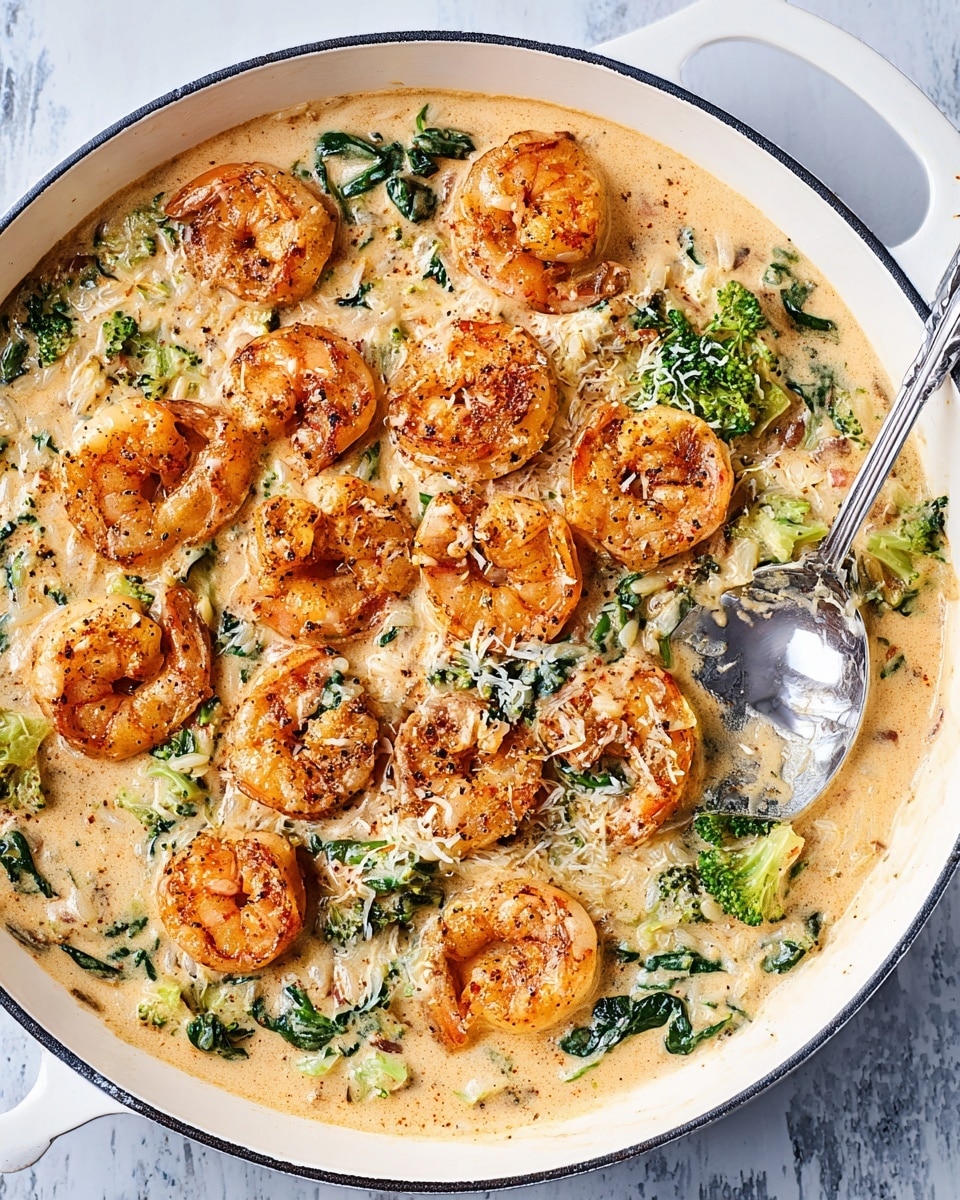 The image shows a white pan filled with a creamy shrimp dish. There are about 16 orange-brown cooked shrimp spread evenly on top, showing a slightly crispy texture. Underneath the shrimp, there is a thick, light beige creamy sauce mixed with small pieces of green broccoli, dark green spinach leaves, and bits of a pale yellow ingredient that looks like rice or orzo pasta. The creamy sauce has a smooth texture with some specks of seasoning. A silver spoon is partially inside the pan, resting on the right edge, gathering some of the dish. The pan sits on a white marbled surface with subtle gray veins. photo taken with an iphone --ar 4:5 --v 7