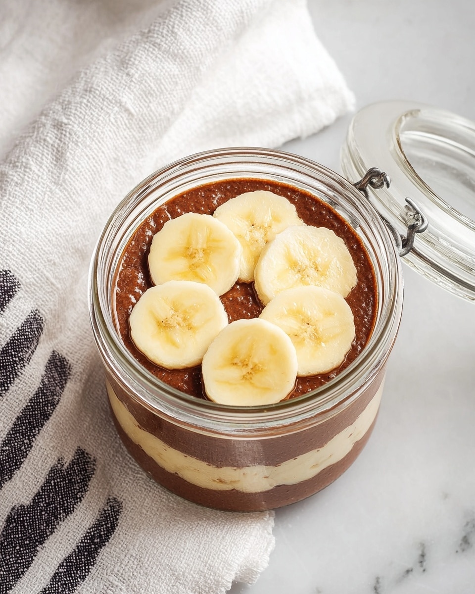 A clear glass jar with an open lid shows a two-layer dessert, resting on a white marbled surface with a white cloth featuring dark stripes nearby. The bottom layer is a rich, dark brown chocolate mixture with a thick, creamy texture. On top, there are six slices of banana arranged evenly in a circular shape, each slice pale yellow with a smooth texture and slightly moist appearance. Photo taken with an iphone --ar 4:5 --v 7