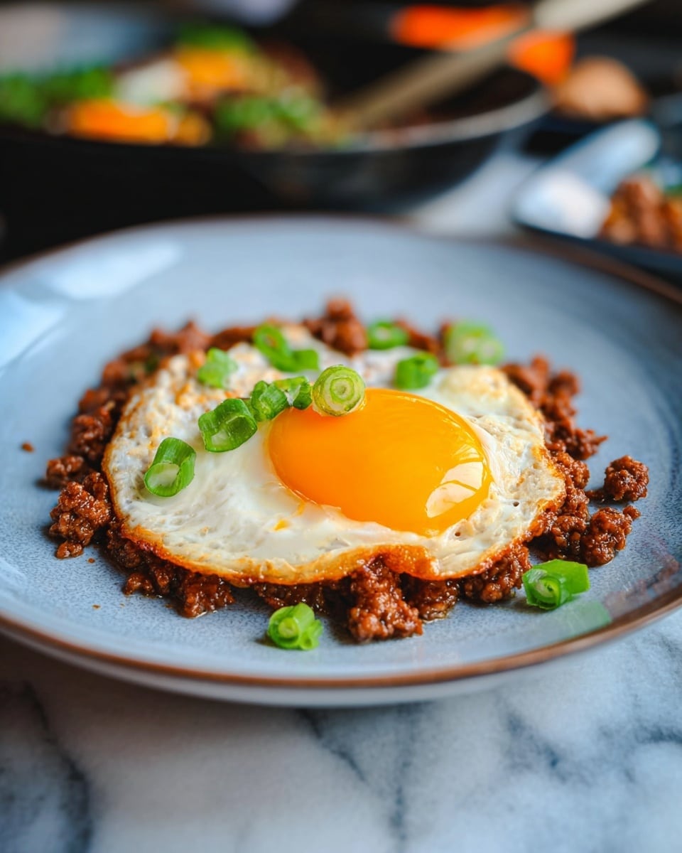 The dish shows a single fried egg with a bright yellow yolk and slightly crispy white edges placed at the center of a white plate. Surrounding the egg is a layer of cooked, crumbly brown ground meat that forms a rough circle. On top of the egg, several small slices of green spring onion are scattered, adding a fresh touch. The plate rests on a white marbled surface, and in the softly blurred background, there is a hint of greens and a pan with more food. Photo taken with an iphone --ar 4:5 --v 7