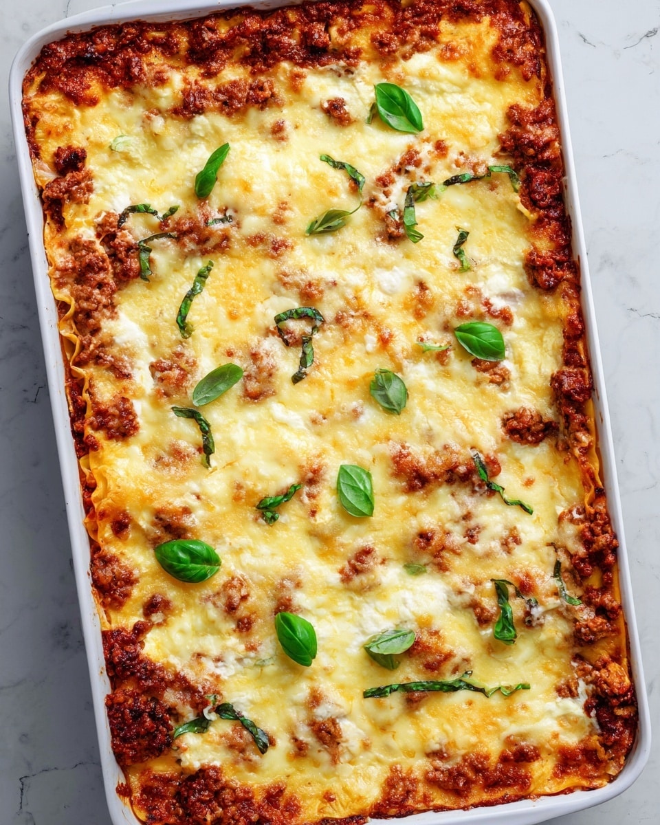 A rectangular baked lasagna in a white baking dish sits on a white marbled texture. The first layer is a deep red tomato sauce mixed with ground meat visible along the edges. The middle layers include soft, creamy ricotta cheese and flat lasagna noodles, though not clearly seen from above. The top layer is thick, melted mozzarella cheese, creamy white with golden brown spots from baking, and scattered fresh green basil leaves resting on the surface for color contrast. Photo taken with an iphone --ar 4:5 --v 7