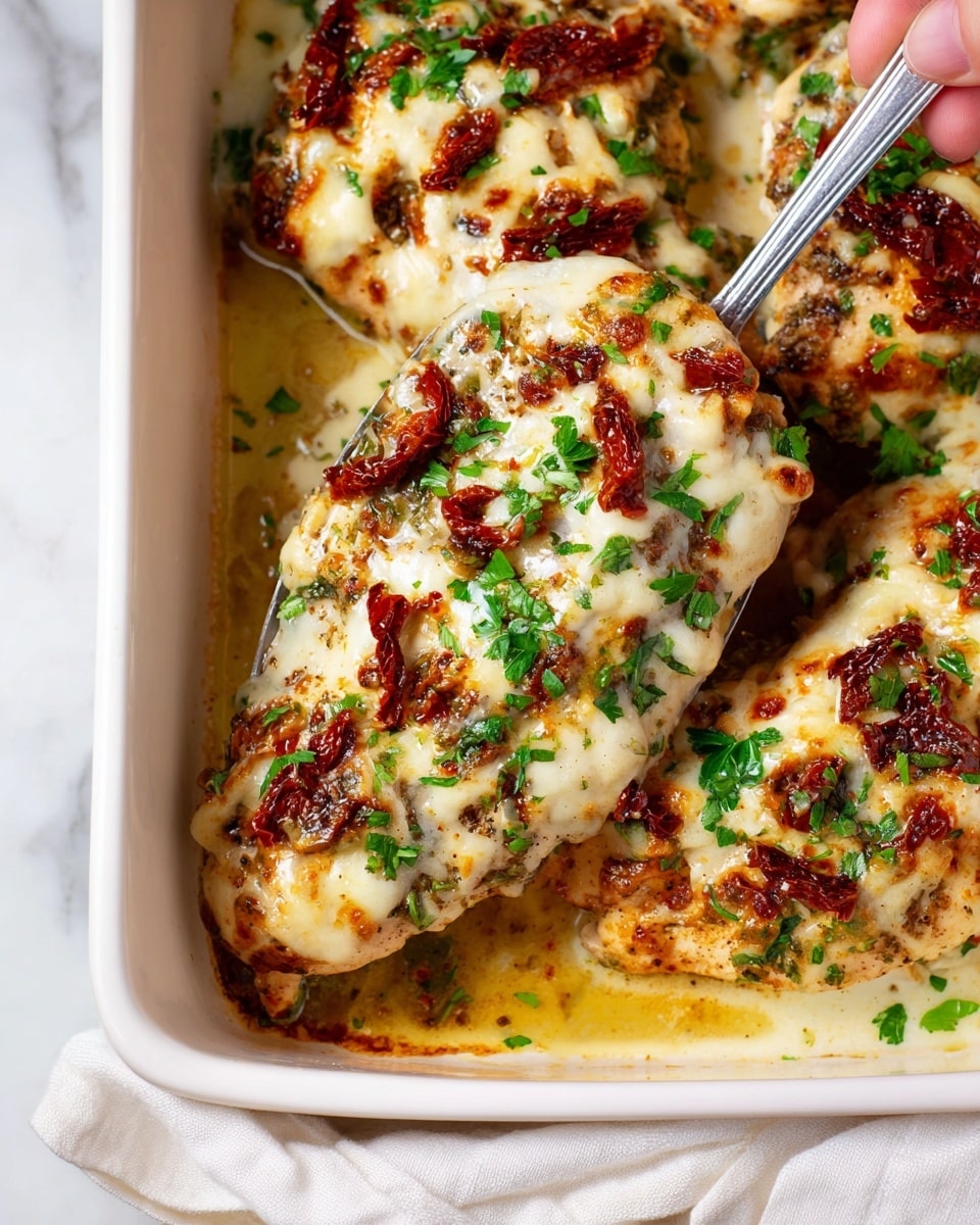 The image shows a close-up of baked chicken breasts in a white rectangular baking dish, held by a woman's hand using a serving spoon. Each chicken breast is covered with melted cheese that is creamy white with slightly browned spots, layered with sun-dried tomatoes that have a deep red color and slightly wrinkled texture scattered on top. Fresh green parsley is sprinkled over the chicken, adding a touch of color contrast. Juices are visible at the bottom of the dish, giving a glossy look to the chicken and the cheese. The dish sits on a white marbled surface, with a soft white cloth partially visible at the bottom. photo taken with an iphone --ar 4:5 --v 7