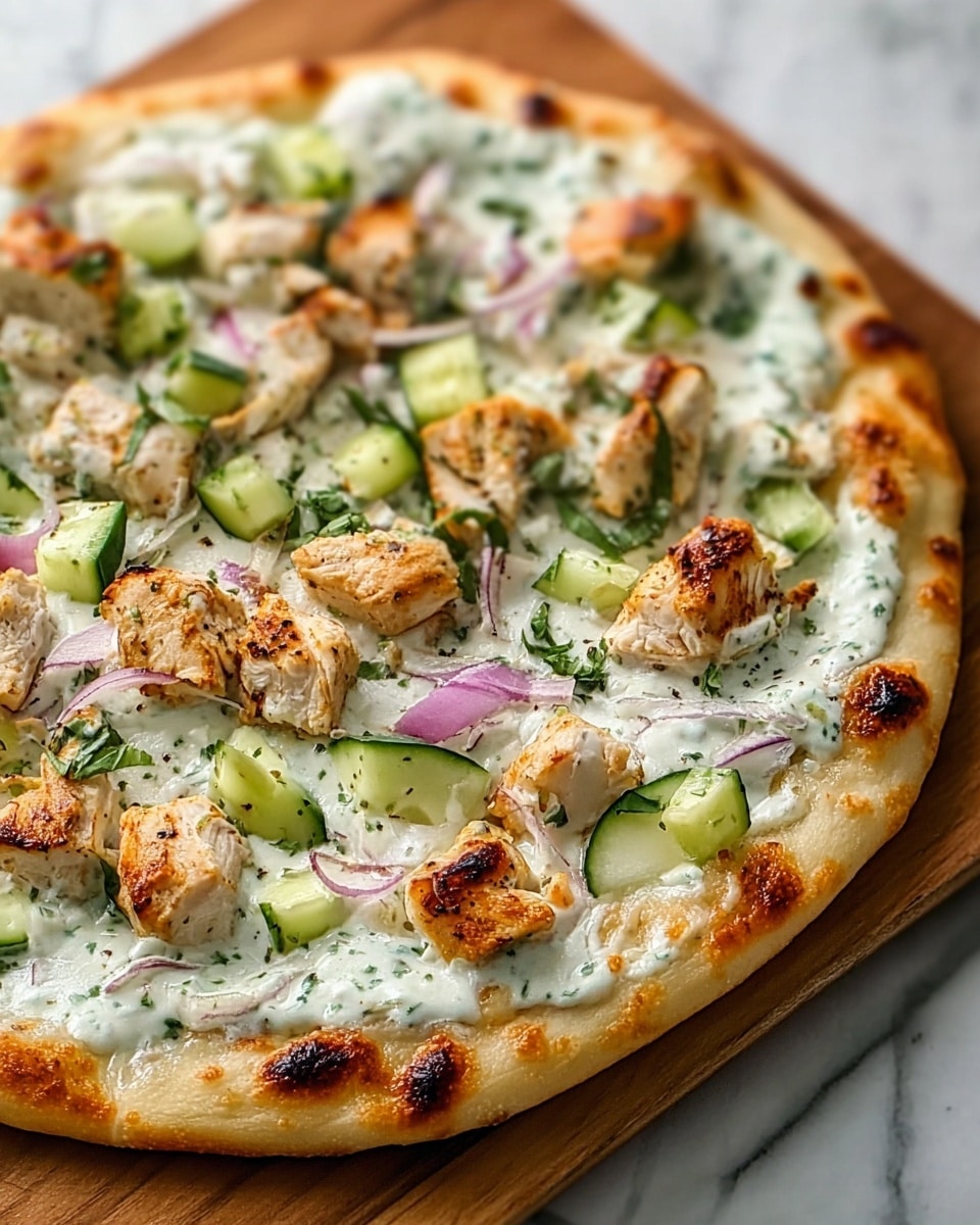 The image shows a flatbread with four layers, starting from the bottom, a light golden-brown crust with small char marks, which looks soft and fluffy. The second layer is a creamy white sauce mixed with finely chopped green herbs spread evenly over the crust. On top of this, the third layer consists of grilled chicken pieces that are white with golden-brown edges, bright red cherry tomato halves, thick wedges of purple-red onions, and small chunks of green zucchini, all placed randomly but evenly. The fourth layer is a light drizzle of the herb sauce again, with some fresh green herb leaves scattered on top. The food is on a white plate, and the background is a white marbled texture. A woman's hand is holding the edge of the flatbread from behind. Photo taken with an iphone --ar 4:5 --v 7