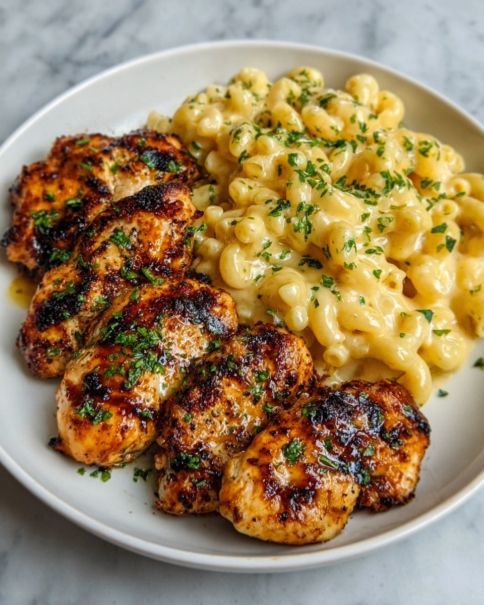 The image shows a white plate with two main parts: one side has four pieces of grilled chicken with a golden brown, slightly charred surface and some green herbs sprinkled on top, while the other side has creamy macaroni and cheese with melted cheese covering the pasta, garnished lightly with chopped green herbs. The food looks warm and fresh, placed on a white marbled surface. Photo taken with an iphone --ar 4:5 --v 7