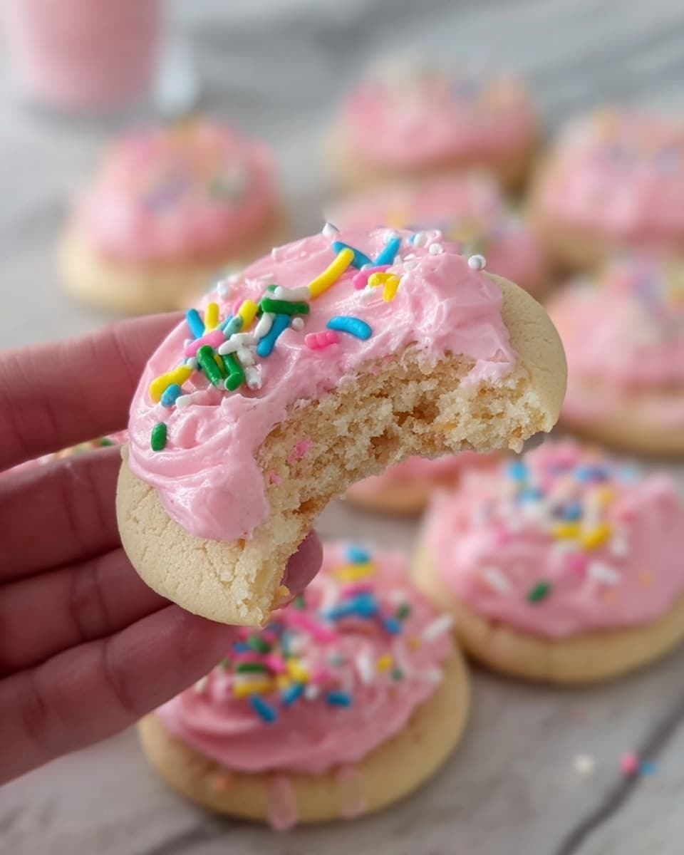 A close-up shows a round cookie with two layers: the bottom layer is a light tan cookie base with a soft, crumbly texture, and the top layer is a thick swirl of smooth light pink frosting covering the entire surface. The frosting is decorated with small, colorful sprinkles in shapes like flowers and thin rods in colors such as blue, green, yellow, white, and pink. The cookie is held gently between two fingers, with more similar cookies in the background resting on a wooden surface, blurred out. The overall scene is bright and cozy with a white marbled texture background. photo taken with an iphone --ar 4:5 --v 7