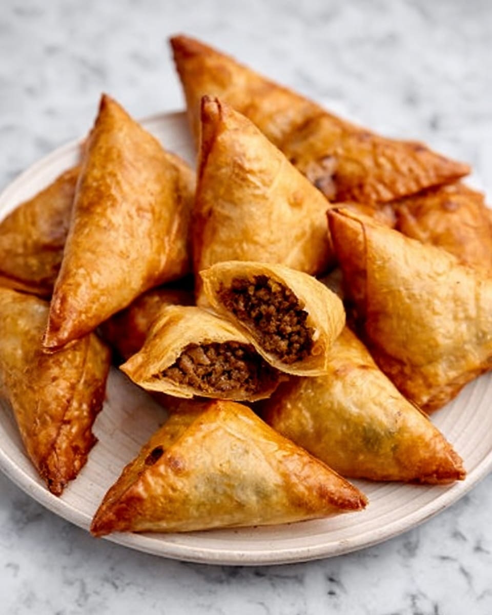 The image shows a white plate filled with golden brown triangular samosas. They have a crispy, flaky texture on the outside, and one samosa is cut open to show a filling of cooked minced meat mixed with finely chopped onions and spices, which is dark brown with bits of lighter colors. The samosas are arranged closely together, some slightly overlapping, on a white marbled surface. photo taken with an iphone --ar 4:5 --v 7