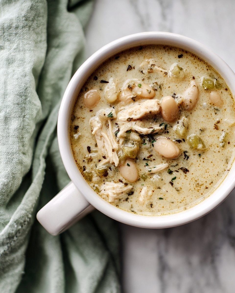 A white cup filled with creamy chicken chili overflowing slightly, showing thick light beige soup with pieces of chicken, white beans, and bits of green peppers. The chili texture looks smooth and rich with visible herbs. The cup is on a white marbled texture with a soft light green cloth partially visible in the background. Photo taken with an iphone --ar 4:5 --v 7