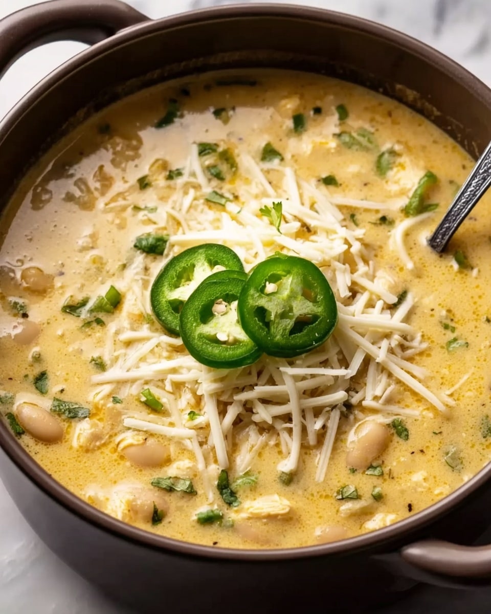 A close-up view of a brown pot filled with creamy yellow soup that has small chunks and beans mixed inside. On top, there is a small pile of shredded white cheese placed in the center with three green jalapeño slices resting on it. Small bits of green herbs are scattered across the soup surface. A silver spoon is partially visible on the right side of the pot, resting on the edge. The pot sits on a white marbled surface. Photo taken with an iphone --ar 4:5 --v 7