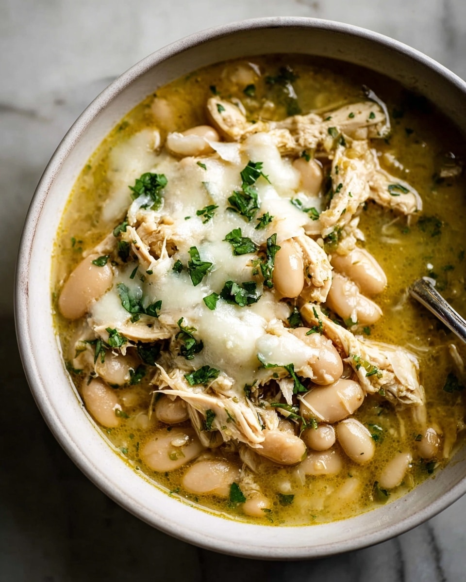A white bowl filled with a layered soup; the bottom layer is a light yellow broth with a smooth and slightly oily texture, mixed with white beans scattered throughout. On top, shredded light brown chicken pieces are layered thickly, some covered with melted white cheese that looks soft and creamy. Green chopped herbs are sprinkled on the top, adding a fresh burst of color. A silver spoon is partially visible on the right side inside the bowl, sitting on a white marbled surface. Photo taken with an iphone --ar 4:5 --v 7
