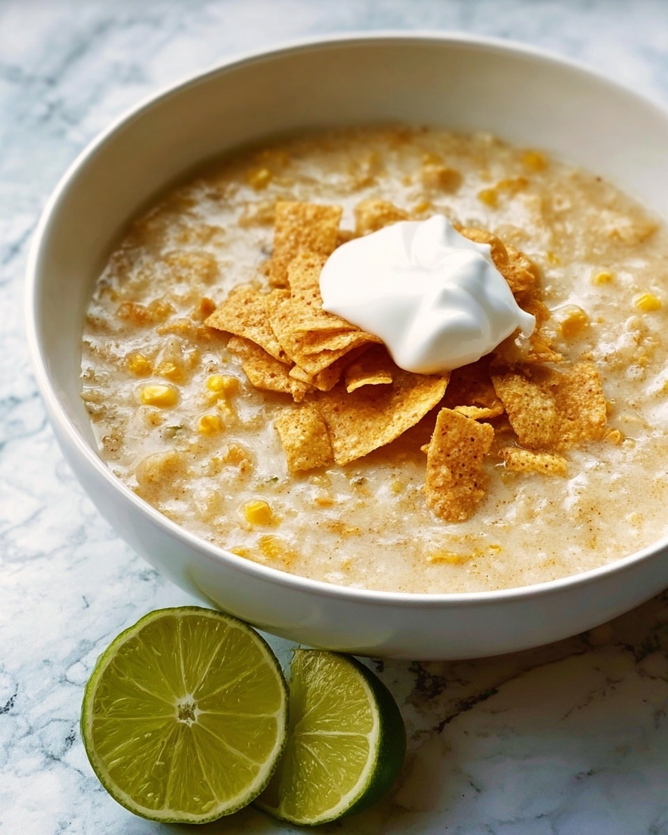 A white bowl filled with creamy, light beige soup with visible chunks of yellow corn and spices, topped with a small pile of rough-textured, crispy tortilla chips and a dollop of smooth, white sour cream in the center. In front of the bowl, a lime cut in half shows its bright green interior with a slightly shiny surface. The bowl rests on a surface with a white marbled texture. photo taken with an iphone --ar 4:5 --v 7