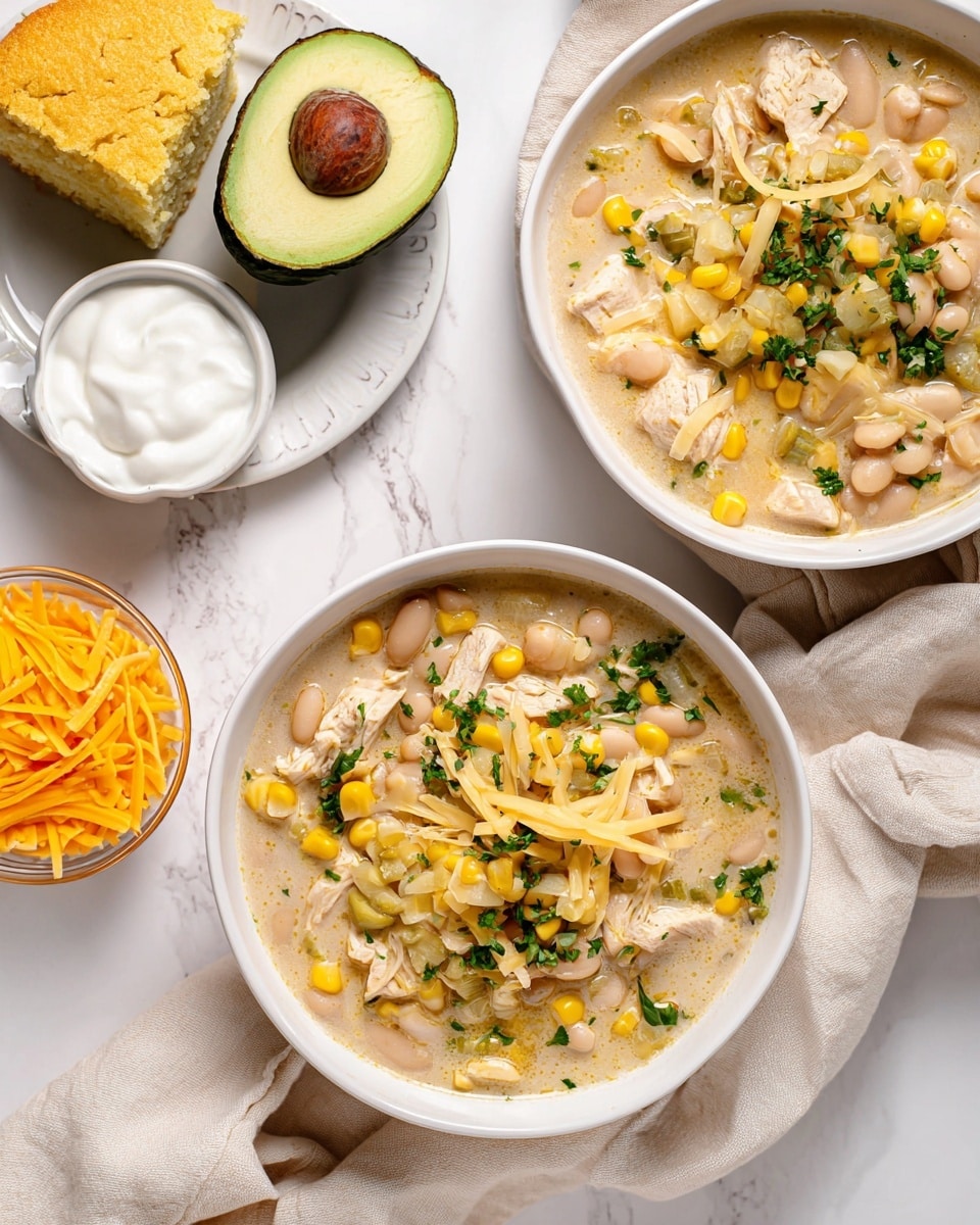 Two white bowls filled with creamy soup sit on a white marbled surface. The soup has a light beige broth with visible layers including white beans, yellow corn kernels, chopped cooked chicken chunks, translucent onion pieces, and green herbs sprinkled on top. Near the bowls, there is a half avocado with a large brown seed, a small white bowl with a white creamy topping, a white plate holding a slice of cornbread, and a small bowl filled with shredded orange cheddar cheese. A cream-colored cloth is softly draped under and around the bowls. photo taken with an iphone --ar 4:5 --v 7