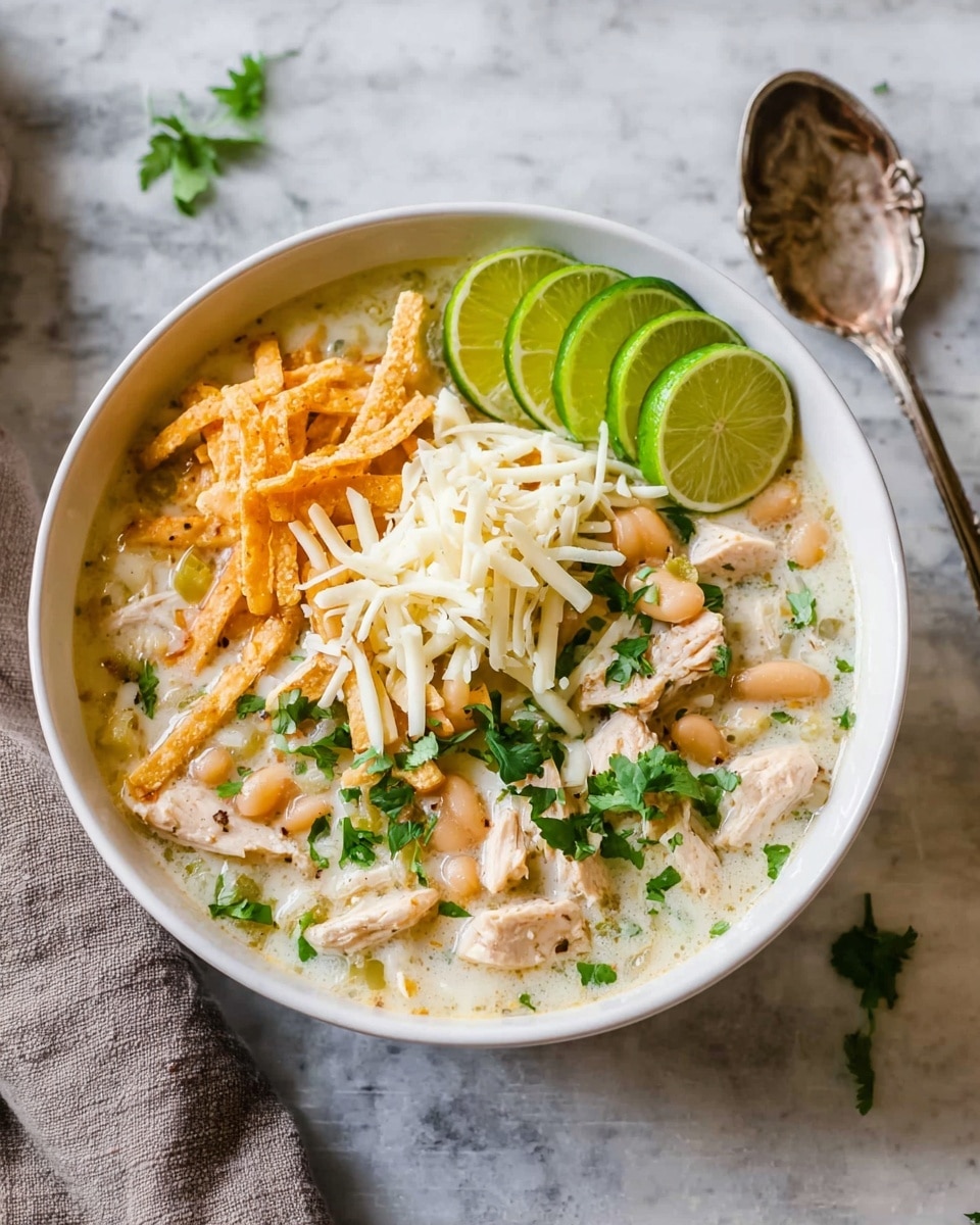 A bowl filled with creamy white chicken soup with visible chunks of light brown chicken, white beans, and green herbs mixed in. On top, there is a pile of shredded white cheese and fresh green cilantro sprinkled around. To the left side, there are golden crispy tortilla strips resting on the soup. At the back of the bowl, three thin slices of bright green lime are placed upright. The bowl is white and placed on a white marbled surface, with a vintage silver spoon to the right. Photo taken with an iphone --ar 4:5 --v 7
